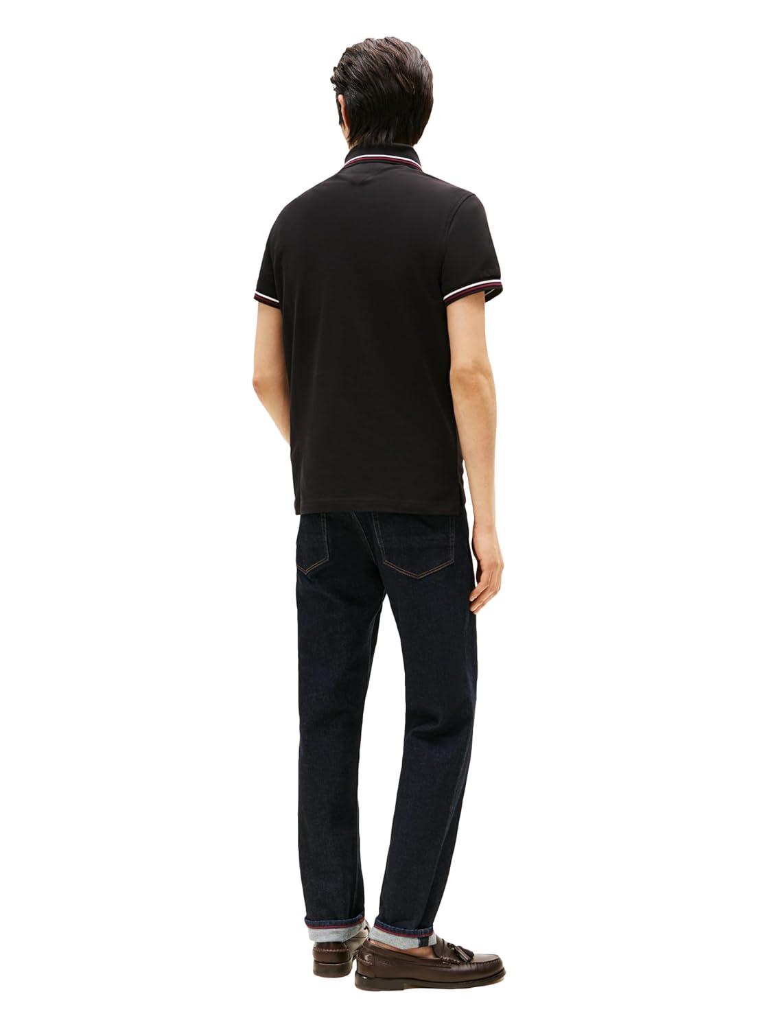 imageTommy Hilfiger Mens Short Sleeve Casual Polo Shirts in Slim Fit with Stretch and Cuff DesignsBlack