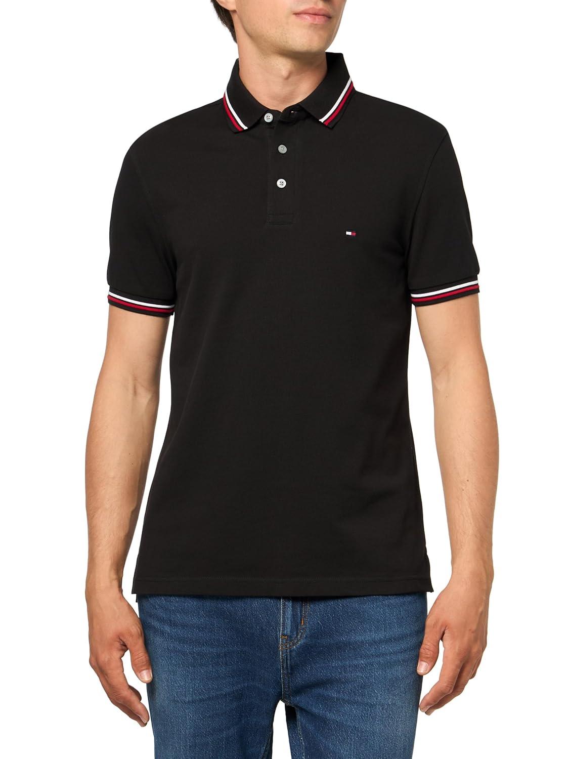 imageTommy Hilfiger Mens Short Sleeve Casual Polo Shirts in Slim Fit with Stretch and Cuff DesignsBlack