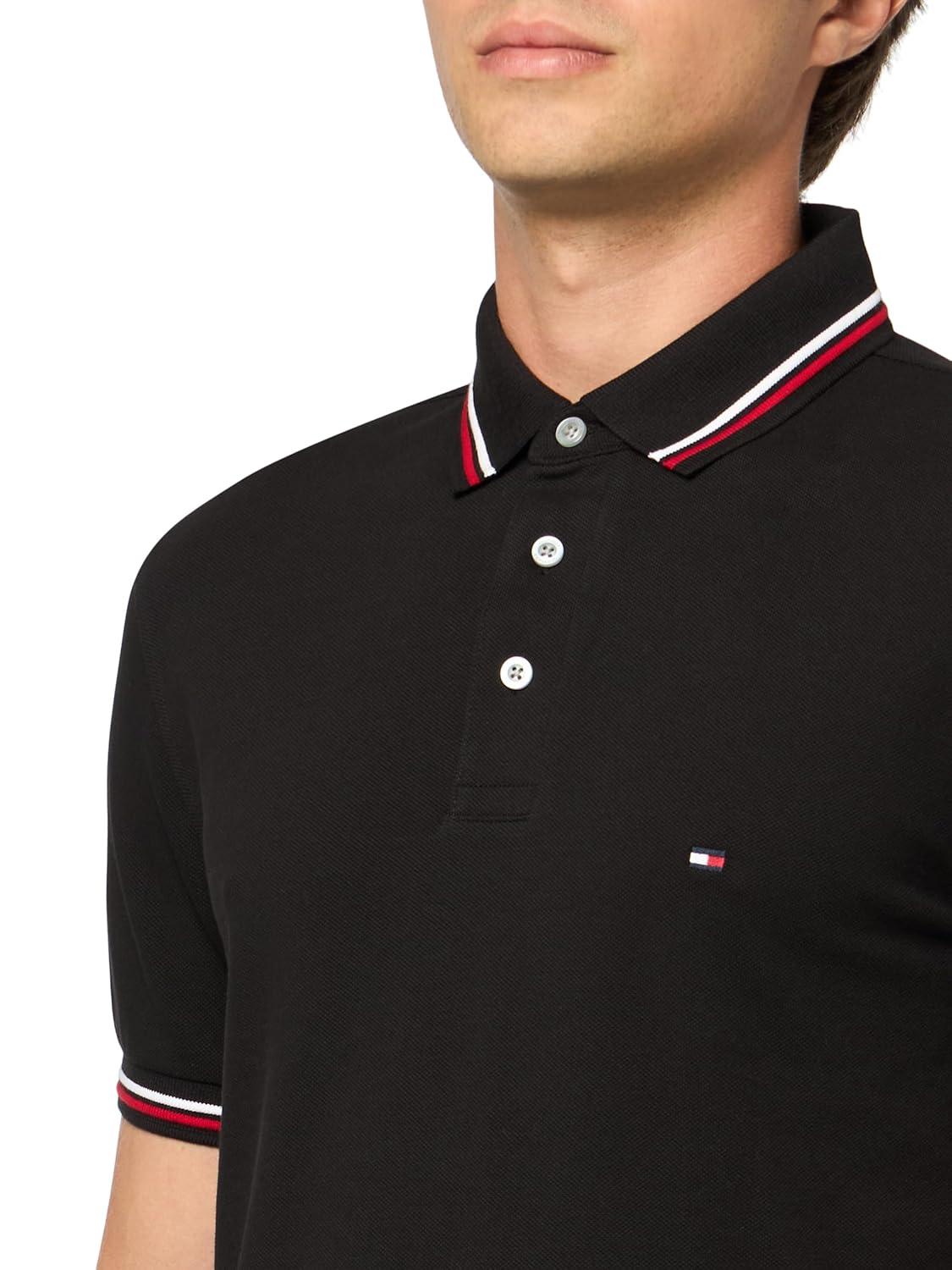 imageTommy Hilfiger Mens Short Sleeve Casual Polo Shirts in Slim Fit with Stretch and Cuff DesignsBlack