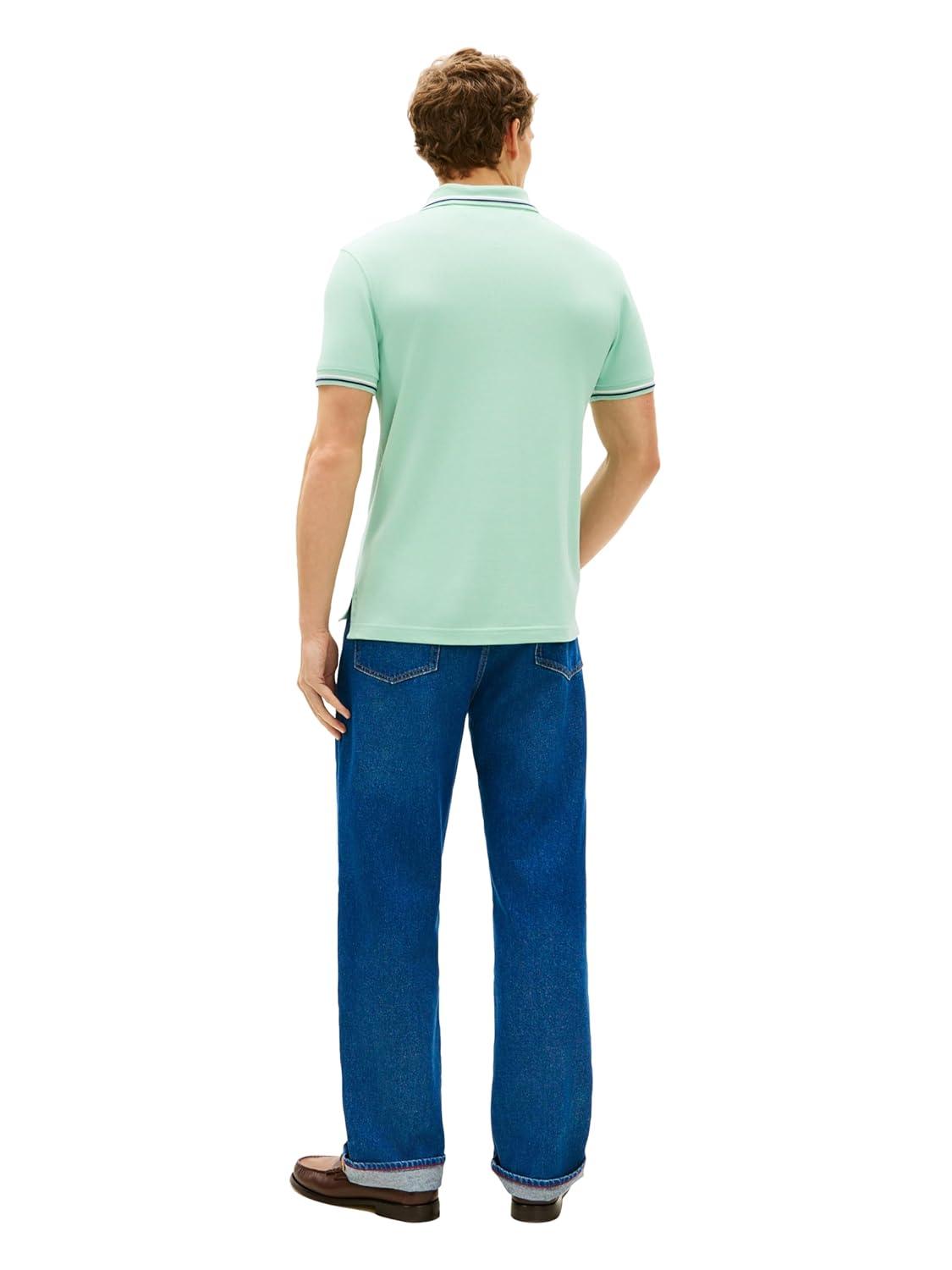 imageTommy Hilfiger Mens Short Sleeve Casual Polo Shirts in Slim Fit with Stretch and Cuff DesignsCrushed Mint