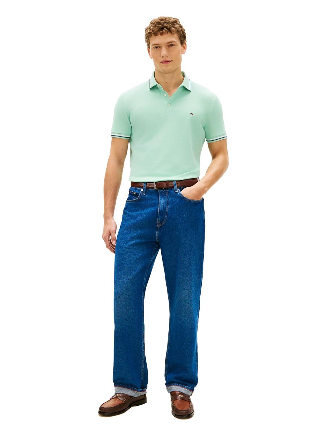 imageTommy Hilfiger Mens Short Sleeve Casual Polo Shirts in Slim Fit with Stretch and Cuff DesignsCrushed Mint
