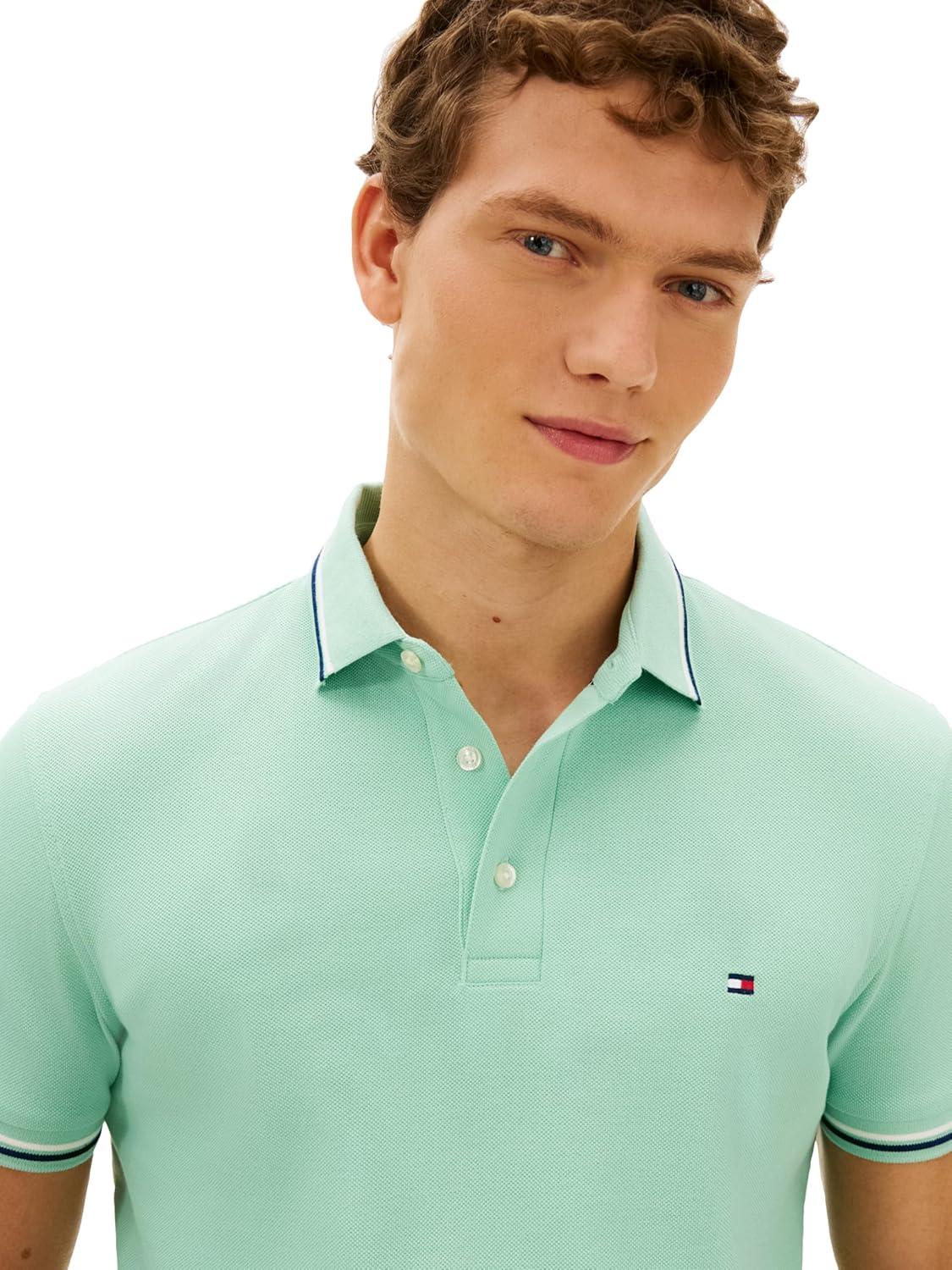 imageTommy Hilfiger Mens Short Sleeve Casual Polo Shirts in Slim Fit with Stretch and Cuff DesignsCrushed Mint