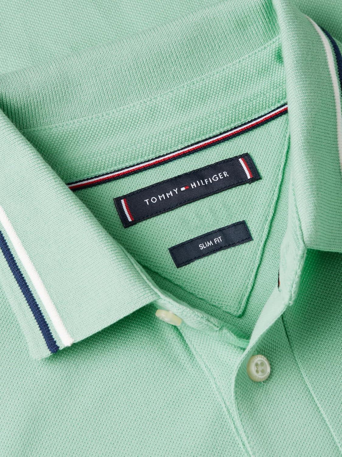 imageTommy Hilfiger Mens Short Sleeve Casual Polo Shirts in Slim Fit with Stretch and Cuff DesignsCrushed Mint