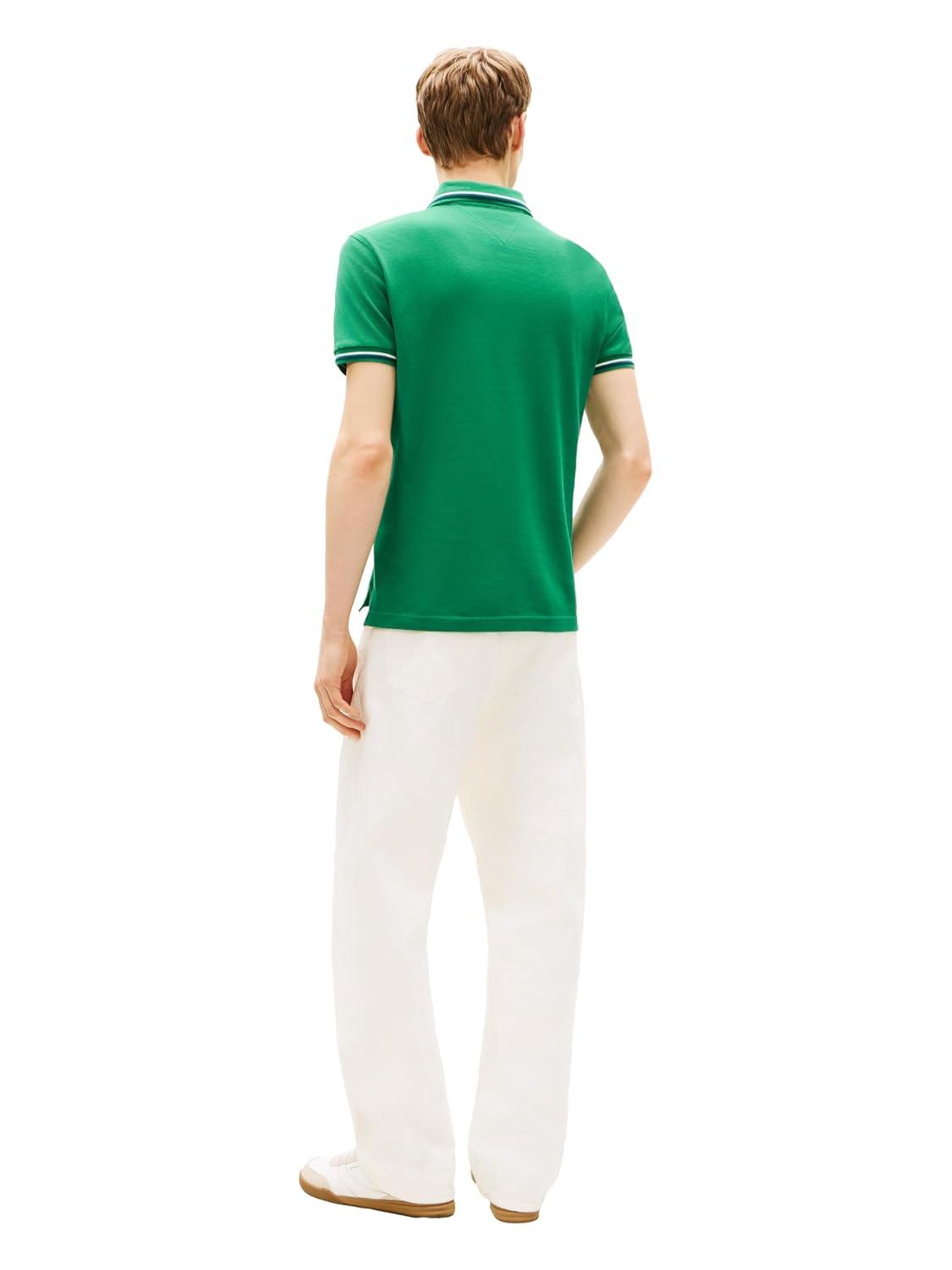 imageTommy Hilfiger Mens Short Sleeve Casual Polo Shirts in Slim Fit with Stretch and Cuff DesignsNouveau Green