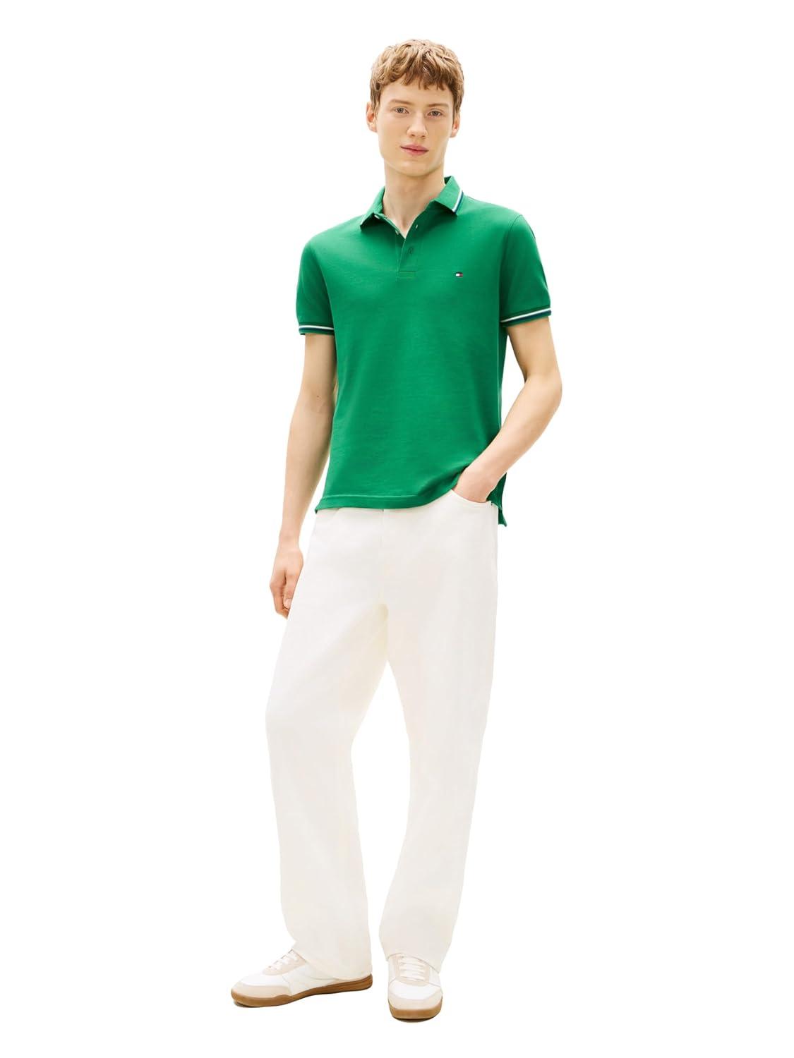 imageTommy Hilfiger Mens Short Sleeve Casual Polo Shirts in Slim Fit with Stretch and Cuff DesignsNouveau Green