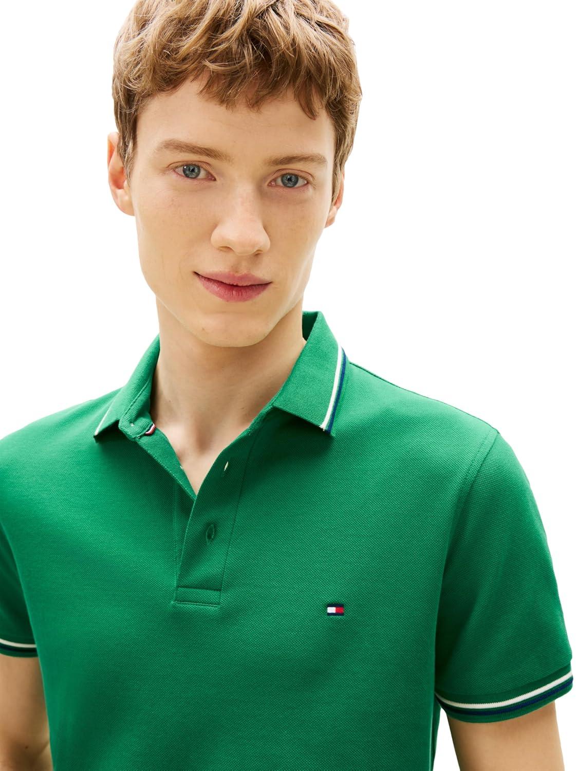 imageTommy Hilfiger Mens Short Sleeve Casual Polo Shirts in Slim Fit with Stretch and Cuff DesignsNouveau Green