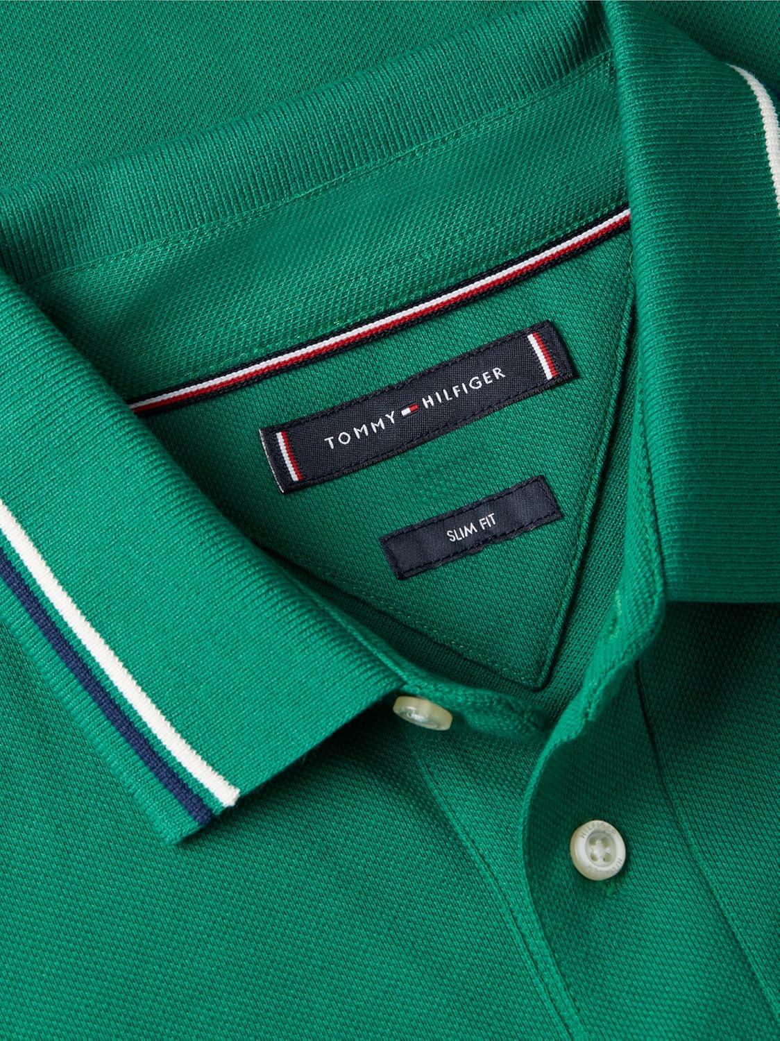 imageTommy Hilfiger Mens Short Sleeve Casual Polo Shirts in Slim Fit with Stretch and Cuff DesignsNouveau Green