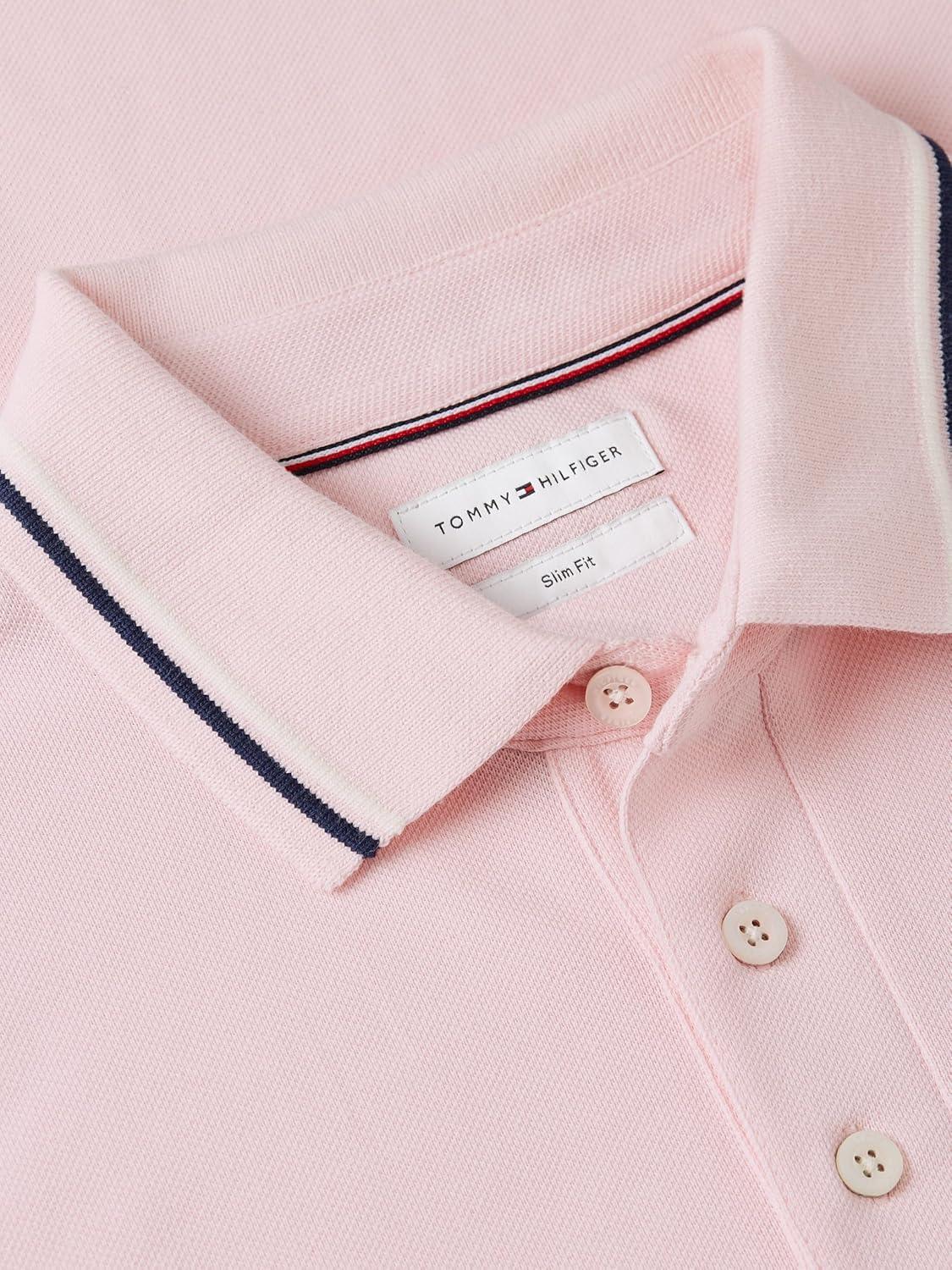imageTommy Hilfiger Mens Short Sleeve Casual Polo Shirts in Slim Fit with Stretch and Cuff DesignsPink Lily