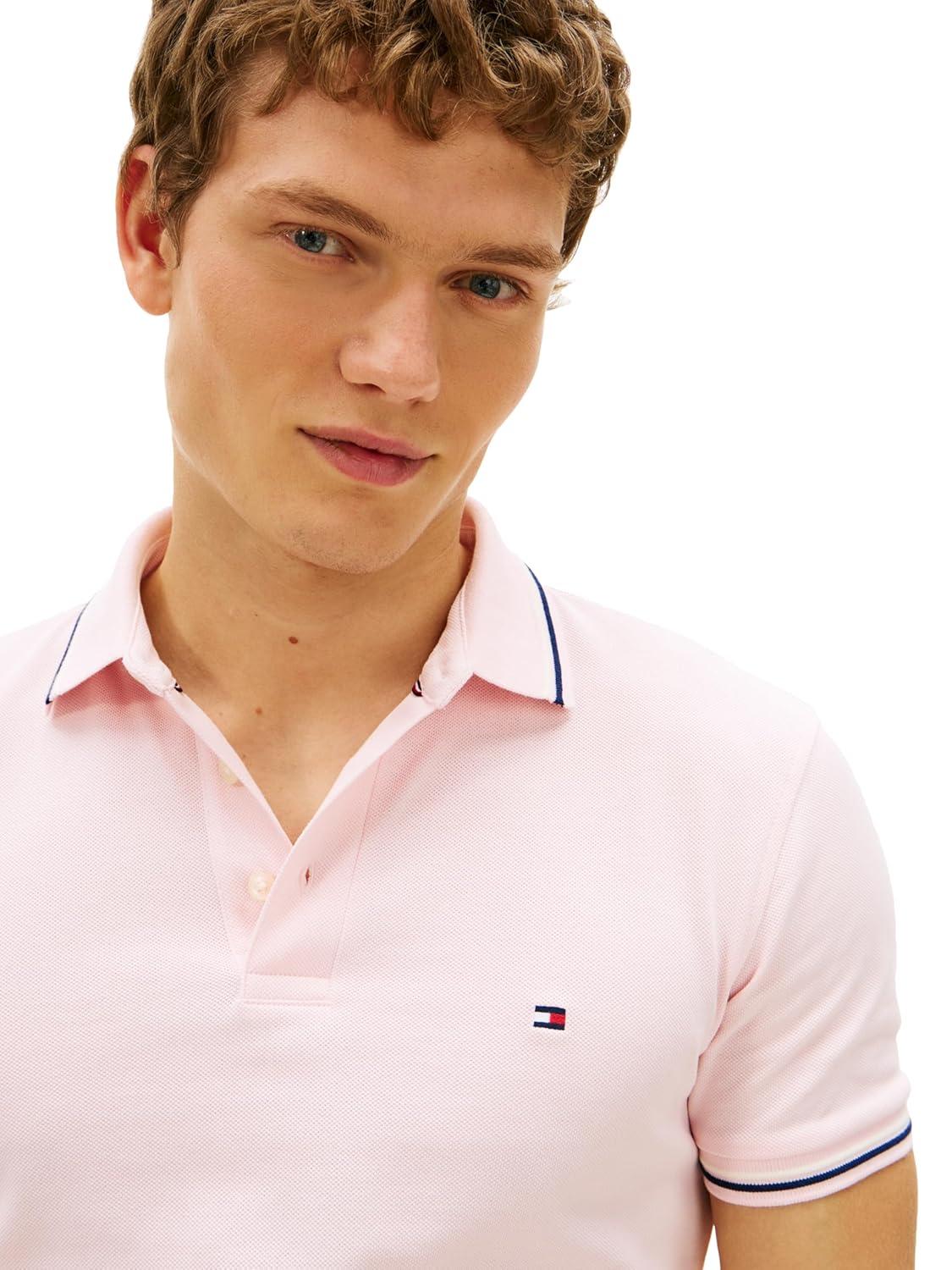 imageTommy Hilfiger Mens Short Sleeve Casual Polo Shirts in Slim Fit with Stretch and Cuff DesignsPink Lily