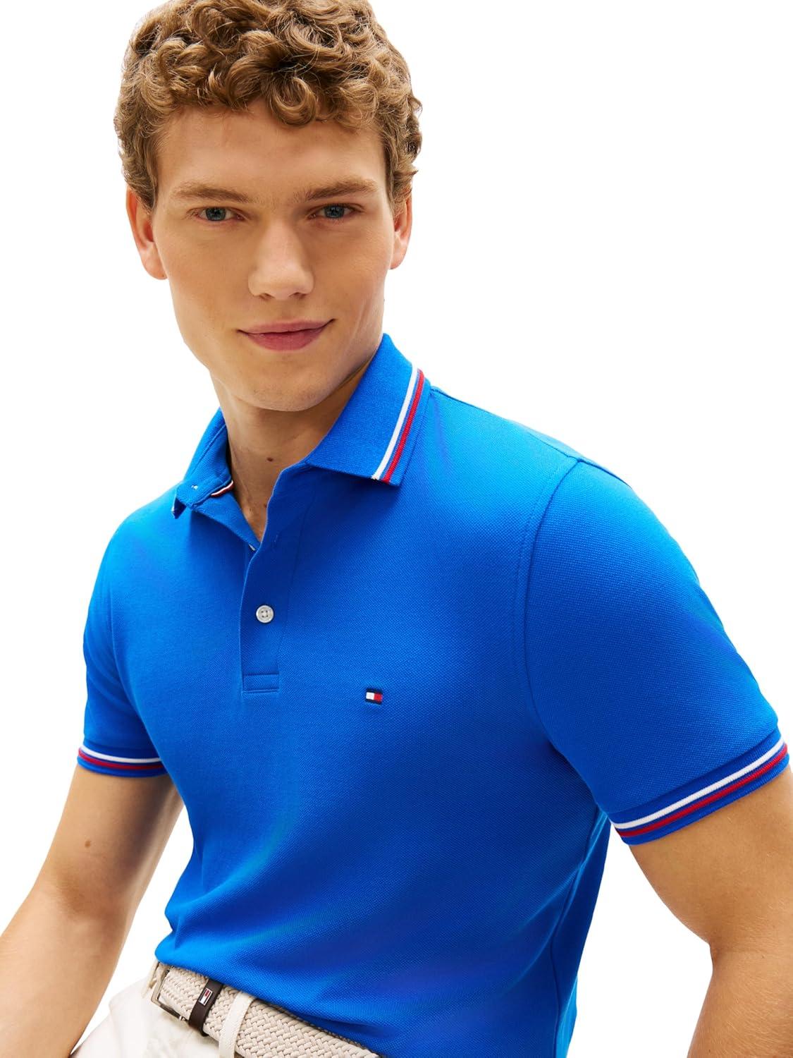 imageTommy Hilfiger Mens Short Sleeve Casual Polo Shirts in Slim Fit with Stretch and Cuff DesignsRegal Blue