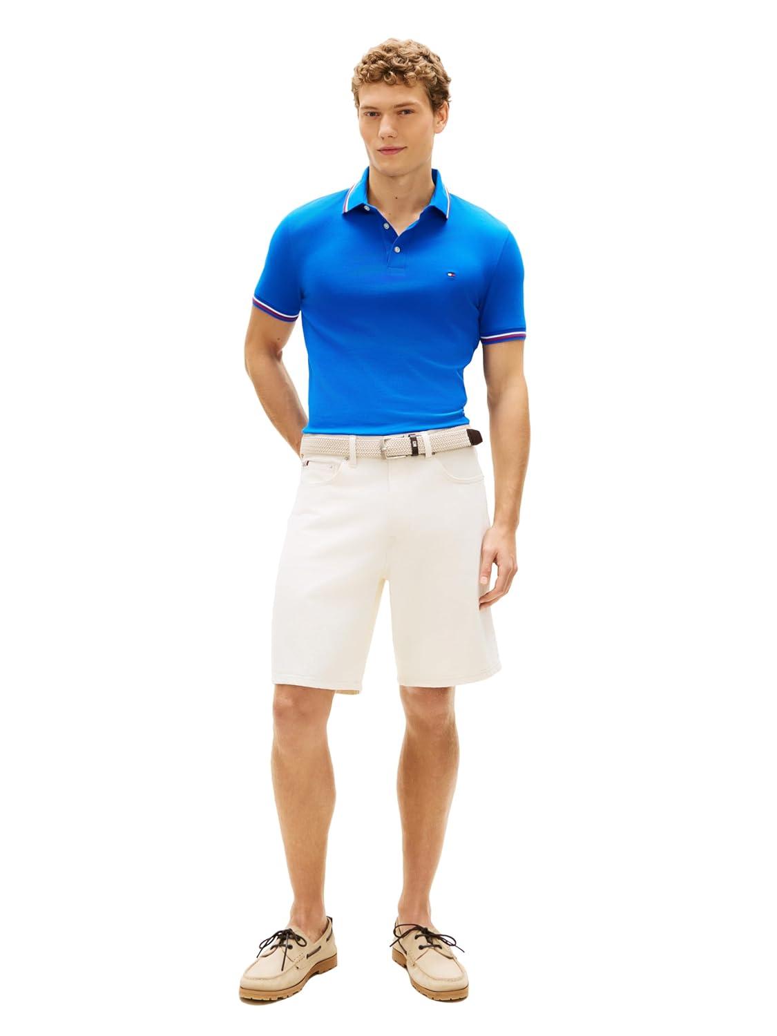 imageTommy Hilfiger Mens Short Sleeve Casual Polo Shirts in Slim Fit with Stretch and Cuff DesignsRegal Blue