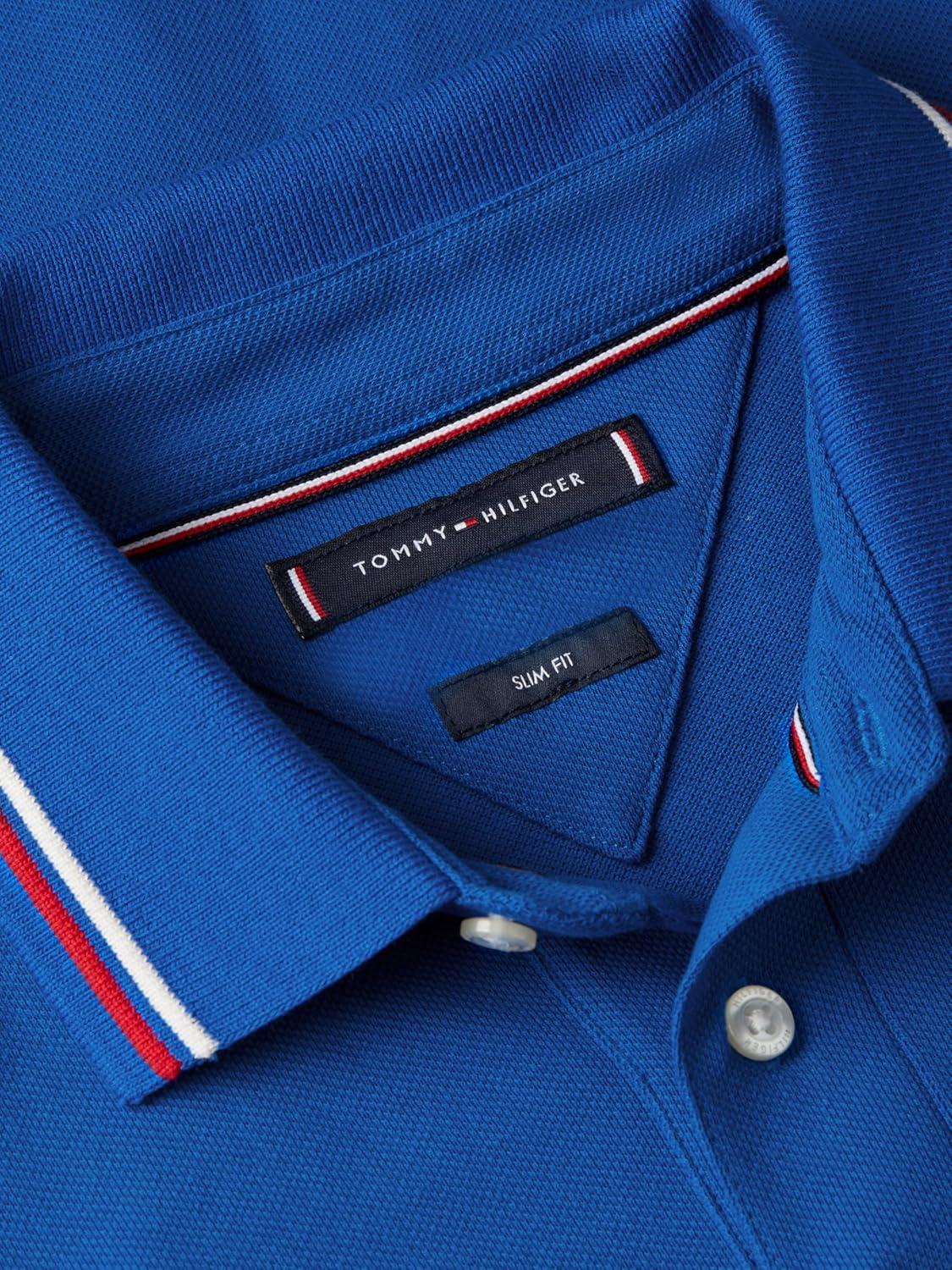 imageTommy Hilfiger Mens Short Sleeve Casual Polo Shirts in Slim Fit with Stretch and Cuff DesignsRegal Blue