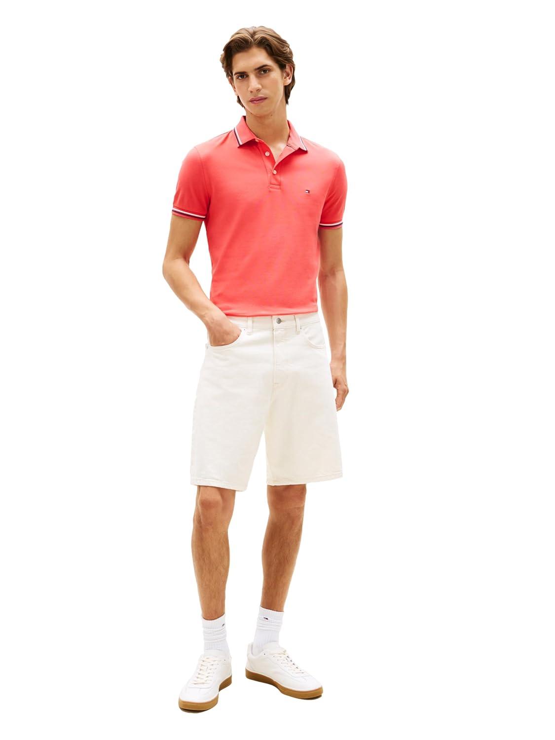 imageTommy Hilfiger Mens Short Sleeve Casual Polo Shirts in Slim Fit with Stretch and Cuff DesignsVintage Red