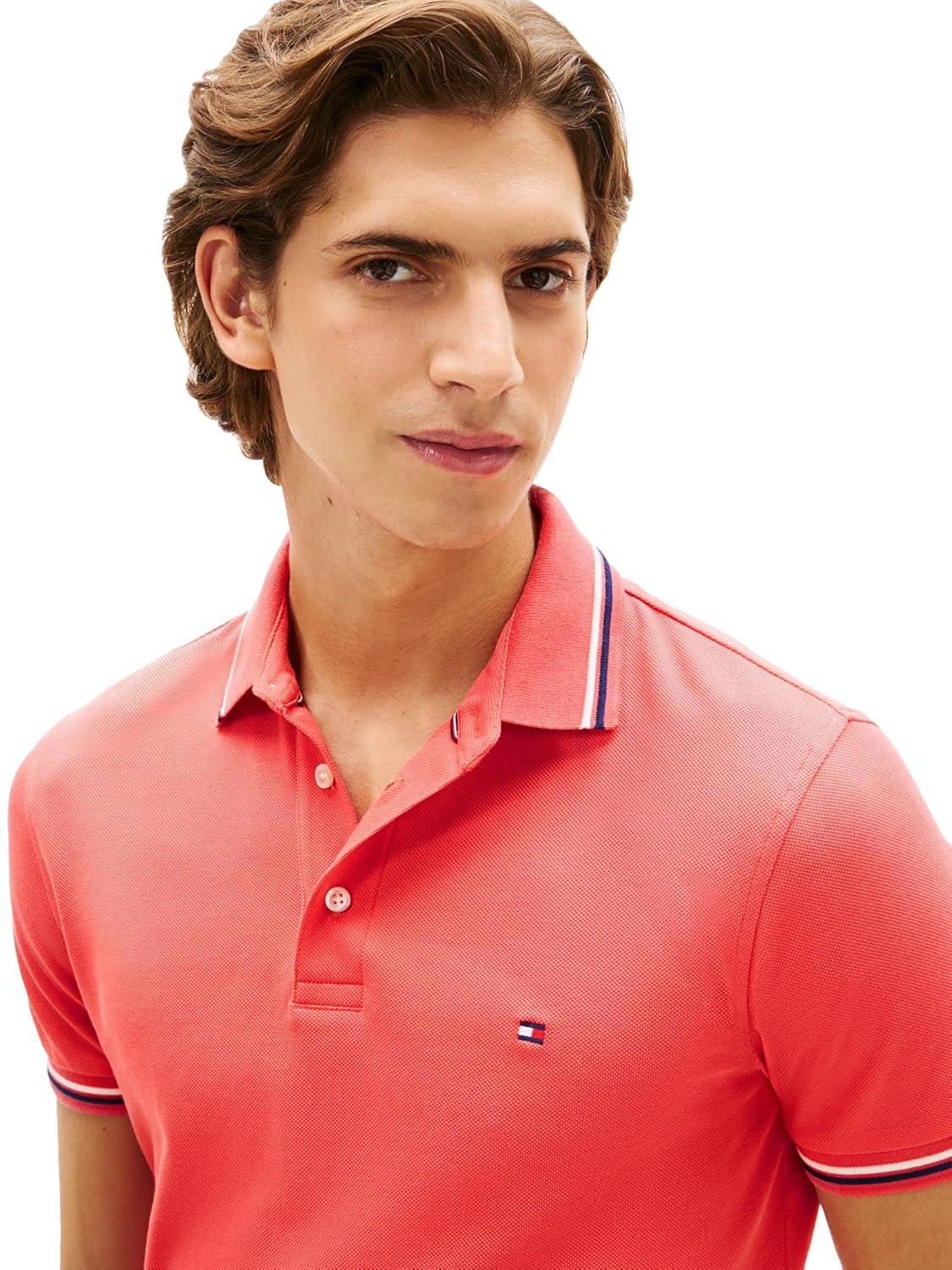 imageTommy Hilfiger Mens Short Sleeve Casual Polo Shirts in Slim Fit with Stretch and Cuff DesignsVintage Red