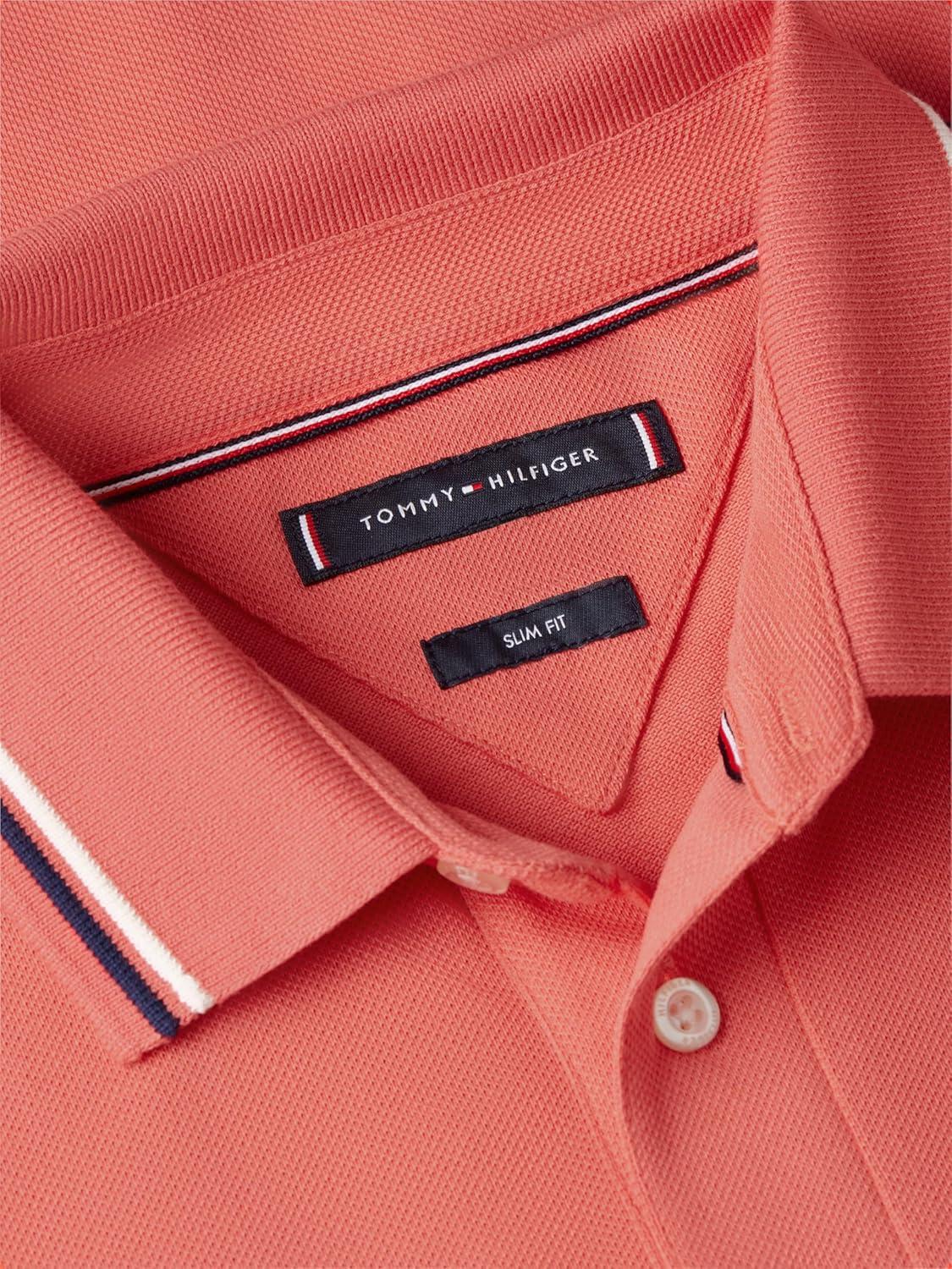 imageTommy Hilfiger Mens Short Sleeve Casual Polo Shirts in Slim Fit with Stretch and Cuff DesignsVintage Red