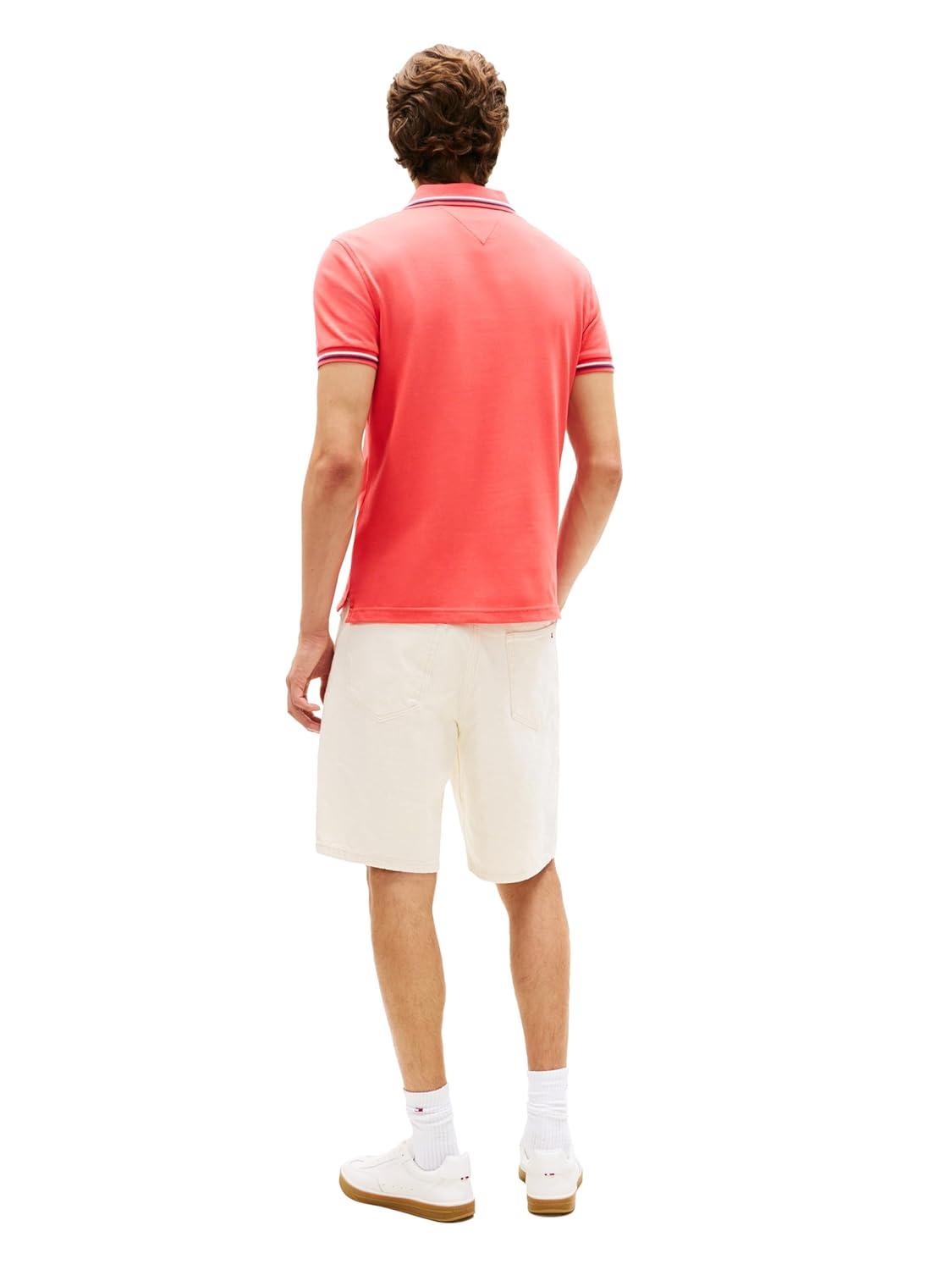 imageTommy Hilfiger Mens Short Sleeve Casual Polo Shirts in Slim Fit with Stretch and Cuff DesignsVintage Red