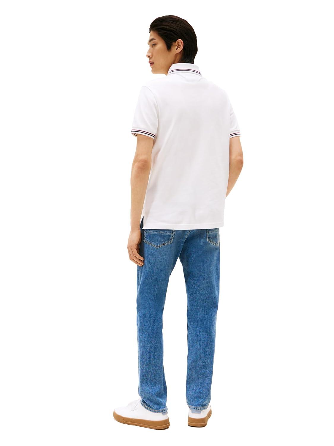 imageTommy Hilfiger Mens Short Sleeve Casual Polo Shirts in Slim Fit with Stretch and Cuff DesignsWhite