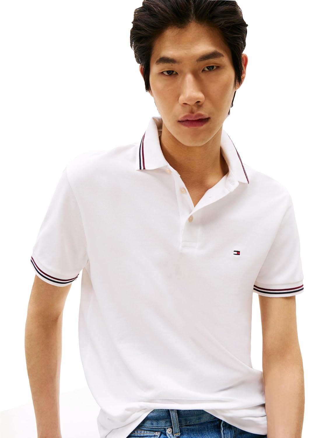imageTommy Hilfiger Mens Short Sleeve Casual Polo Shirts in Slim Fit with Stretch and Cuff DesignsWhite