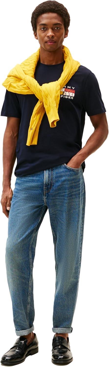 imageTommy Hilfiger Mens Short Sleeve Cotton Graphic TShirts with Printed Color Flag LogoDesert Sky
