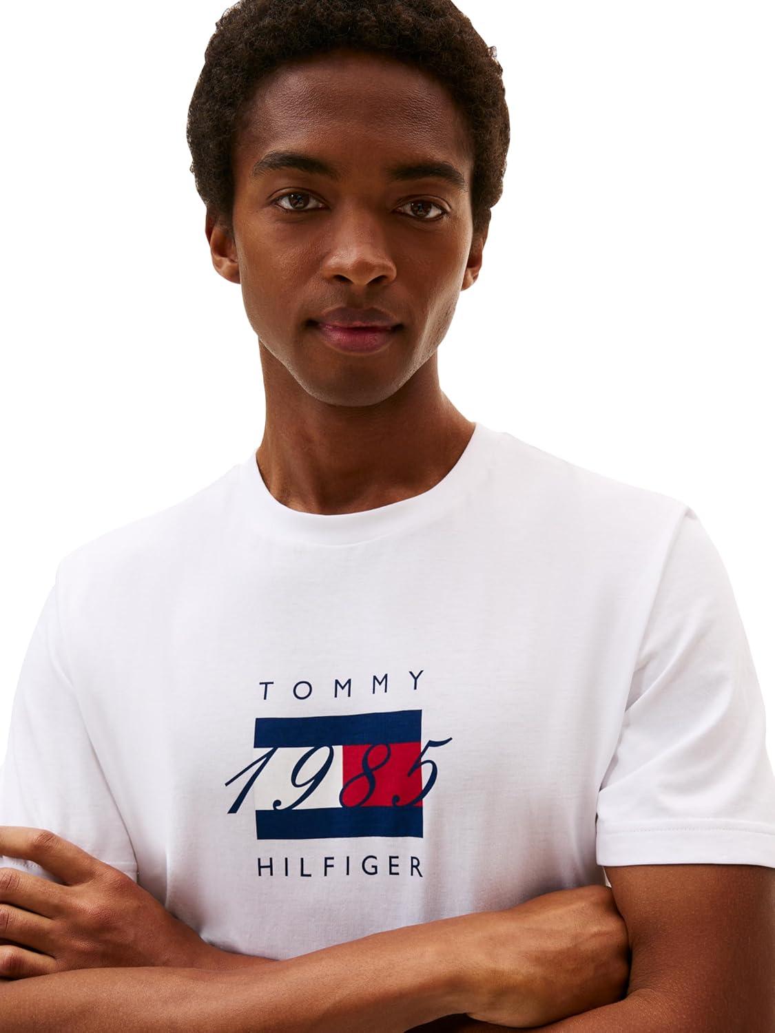 imageTommy Hilfiger Mens Short Sleeve Cotton Graphic TShirts with Printed Linear Flag Logo DesignsWhite
