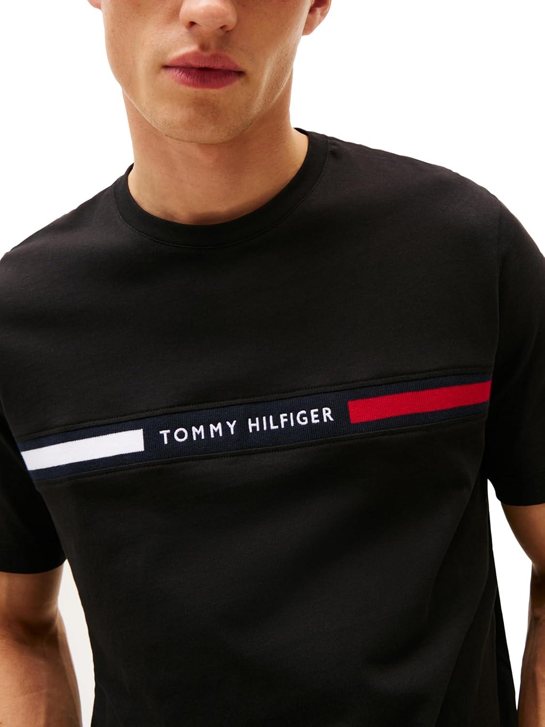 imageTommy Hilfiger Mens Short Sleeve Cotton Graphic TShirts with Signature Stripe Logo Also Available in Big amp TallBlack