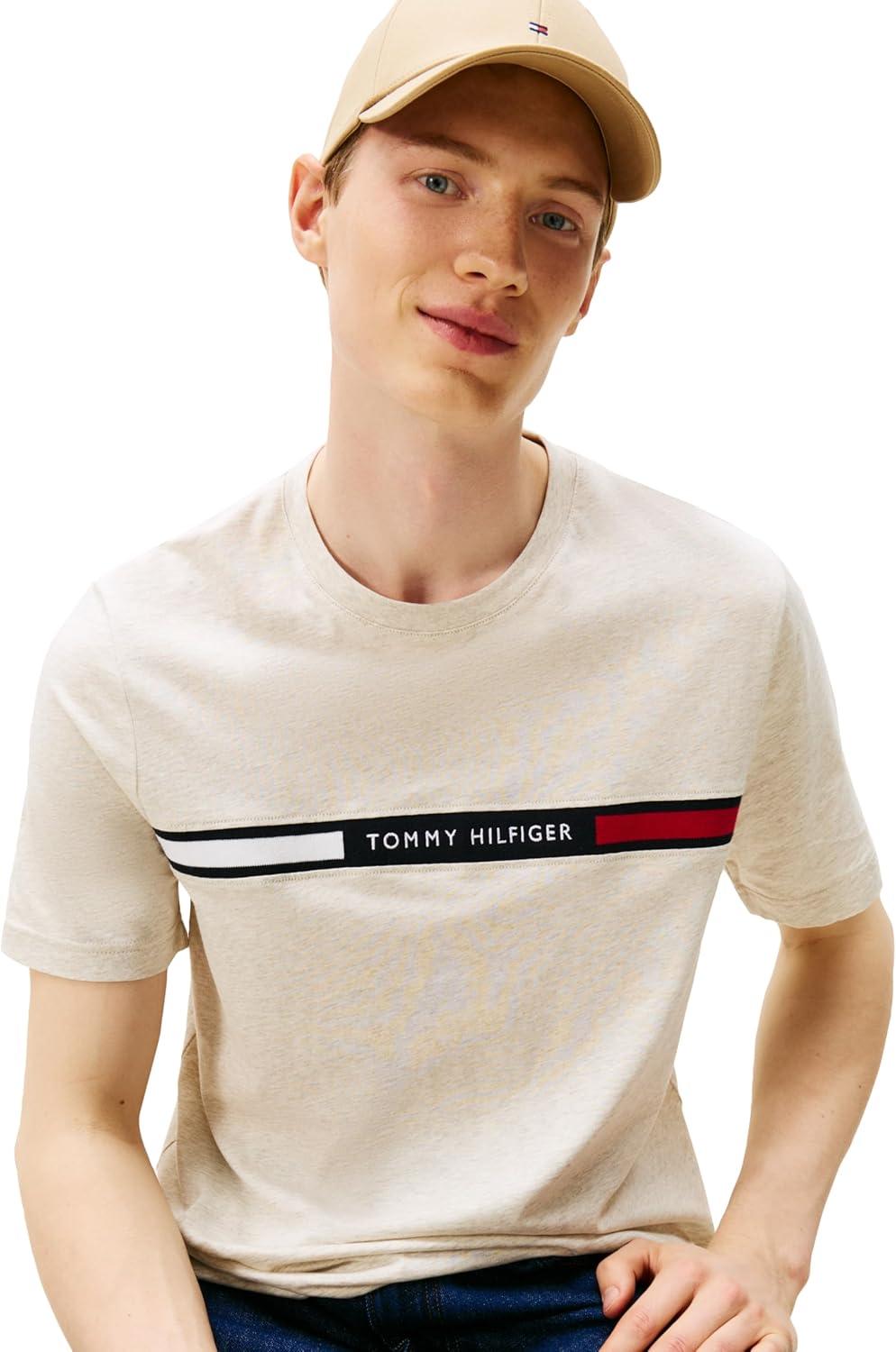 imageTommy Hilfiger Mens Short Sleeve Cotton Graphic TShirts with Signature Stripe Logo Also Available in Big amp TallHeathered Oatmilk