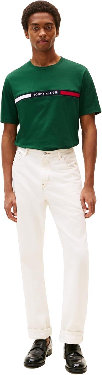 imageTommy Hilfiger Mens Short Sleeve Cotton Graphic TShirts with Signature Stripe Logo Also Available in Big amp TallOrnamental Green