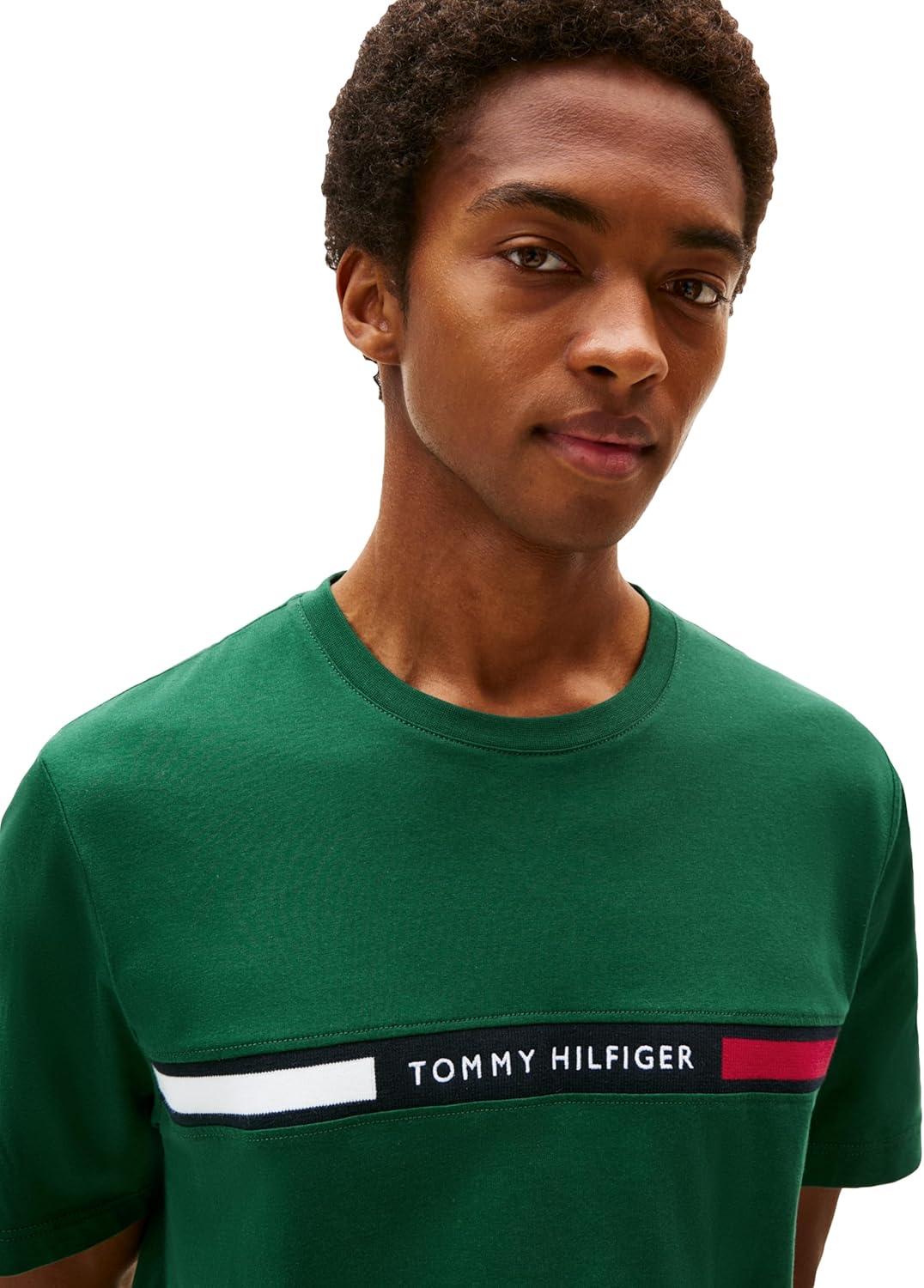 imageTommy Hilfiger Mens Short Sleeve Cotton Graphic TShirts with Signature Stripe Logo Also Available in Big amp TallOrnamental Green