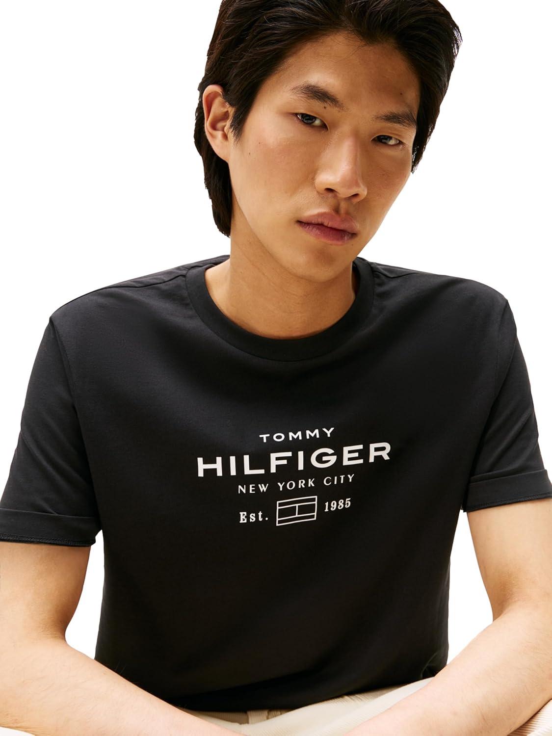 imageTommy Hilfiger Mens Short Sleeve Cotton Graphic TShirts with Stacked Logo DesignsBlack