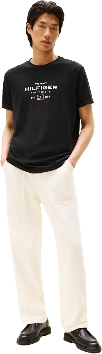 imageTommy Hilfiger Mens Short Sleeve Cotton Graphic TShirts with Stacked Logo DesignsBlack