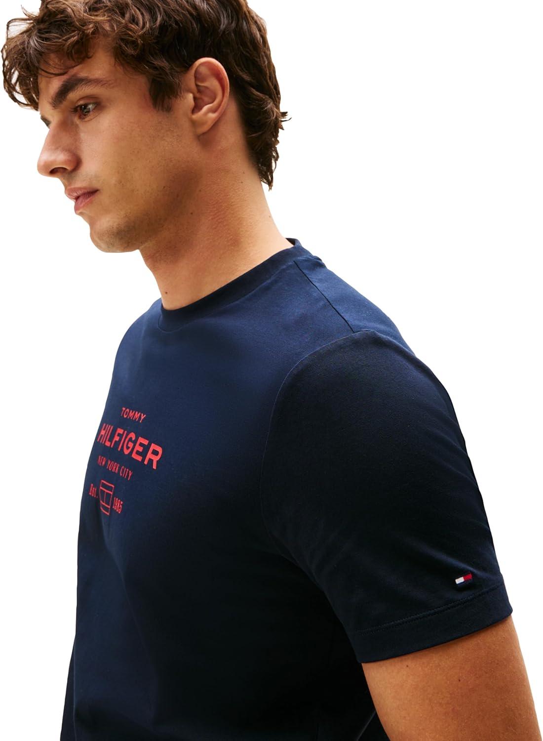 imageTommy Hilfiger Mens Short Sleeve Cotton Graphic TShirts with Stacked Logo DesignsDesert Sky