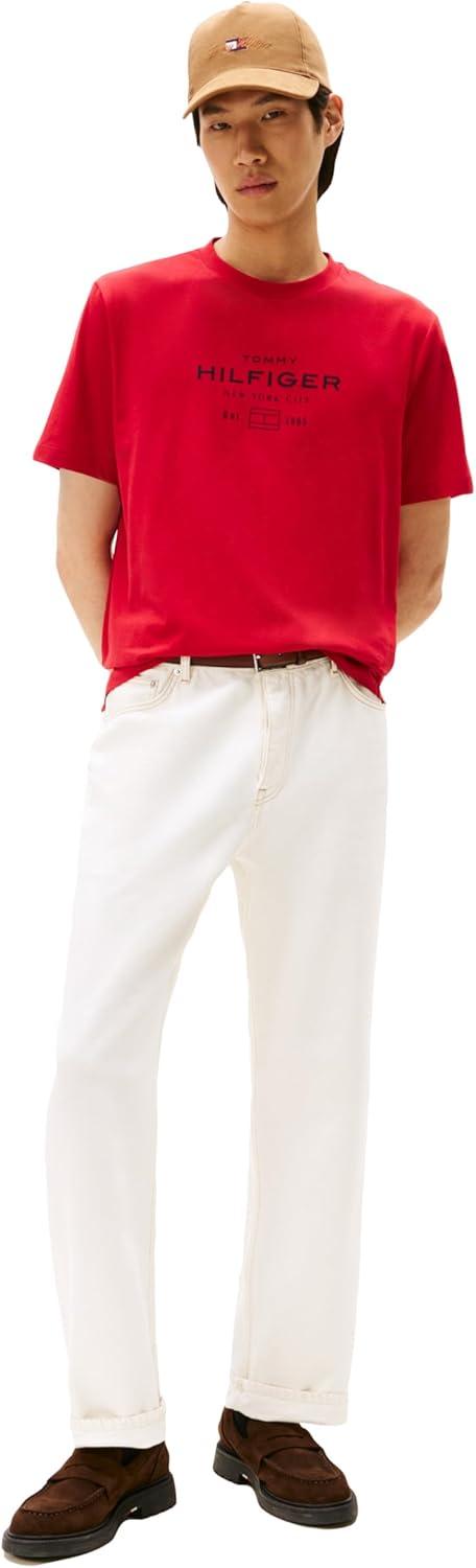 imageTommy Hilfiger Mens Short Sleeve Cotton Graphic TShirts with Stacked Logo DesignsMedium Red