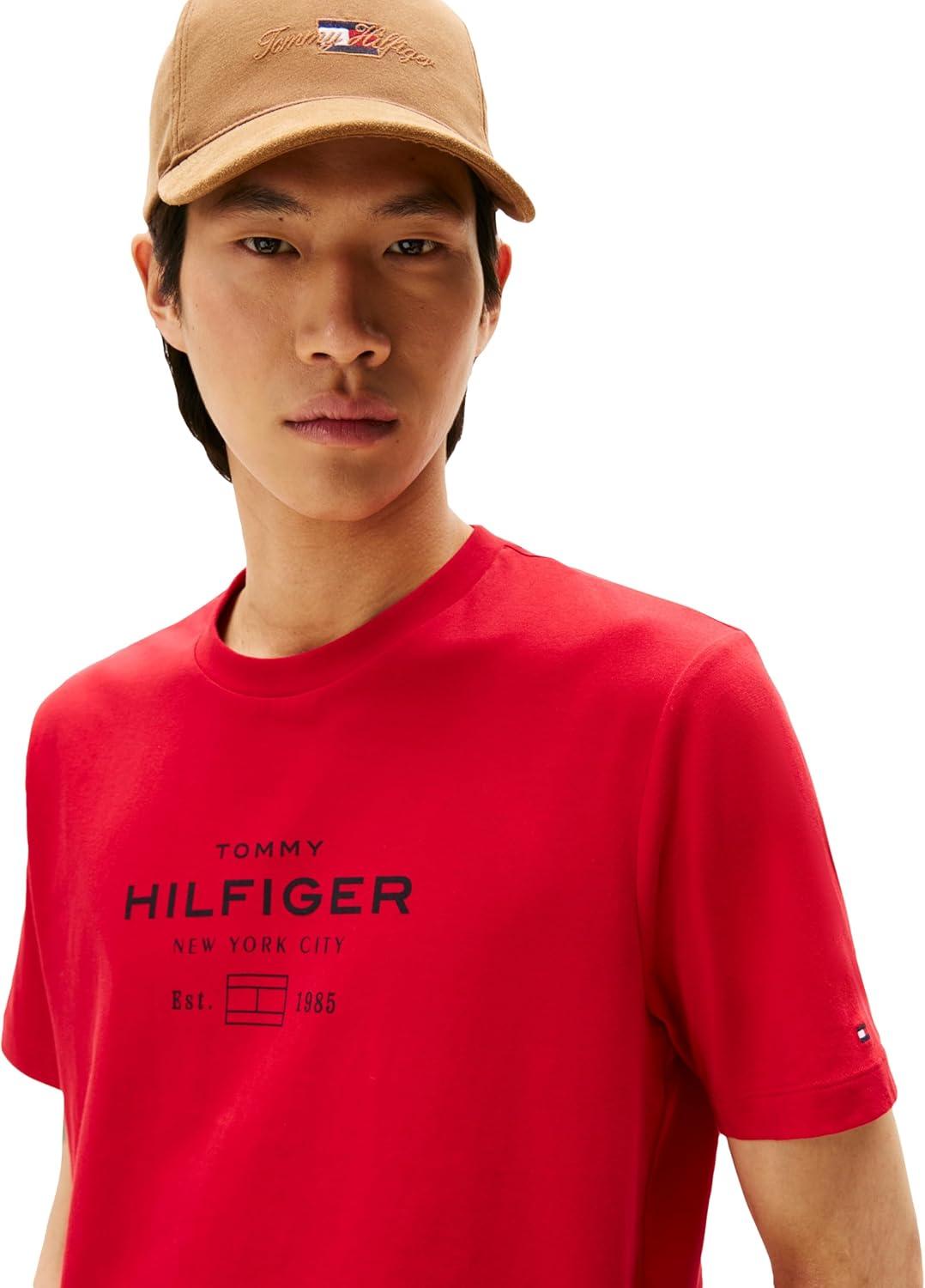 imageTommy Hilfiger Mens Short Sleeve Cotton Graphic TShirts with Stacked Logo DesignsMedium Red