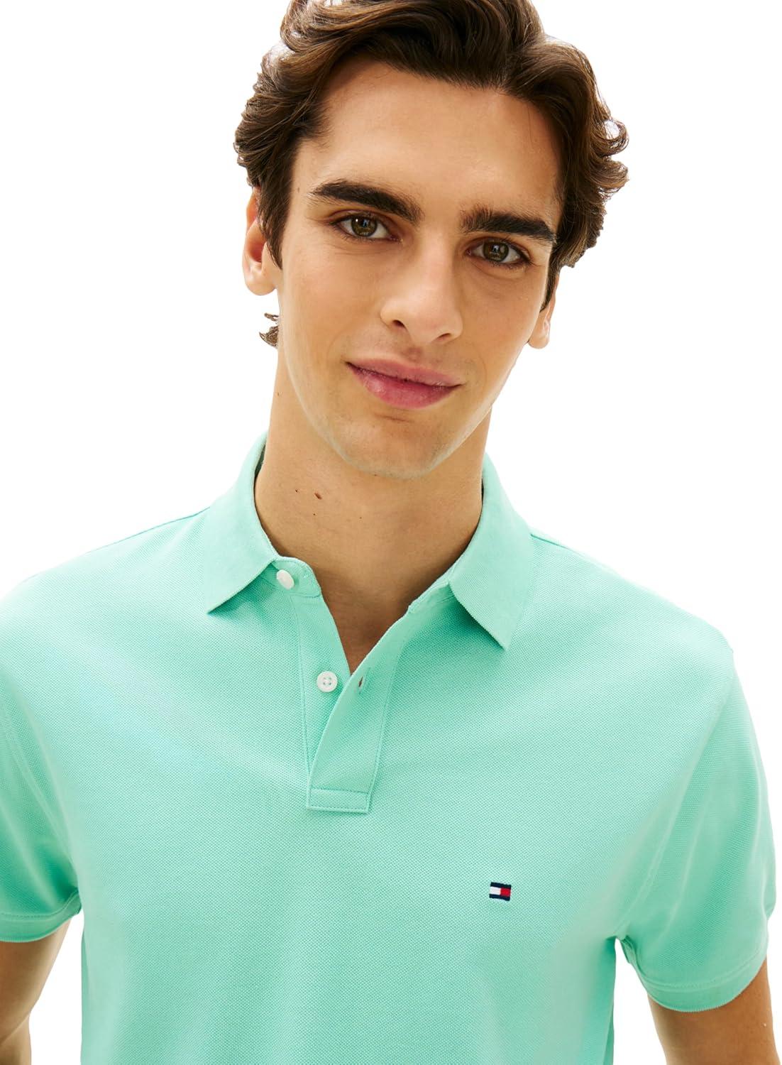 imageTommy Hilfiger Mens Short Sleeve Polo Shirts in Classic Fit with Stretch and Organic Pique CottonArctic Aqua