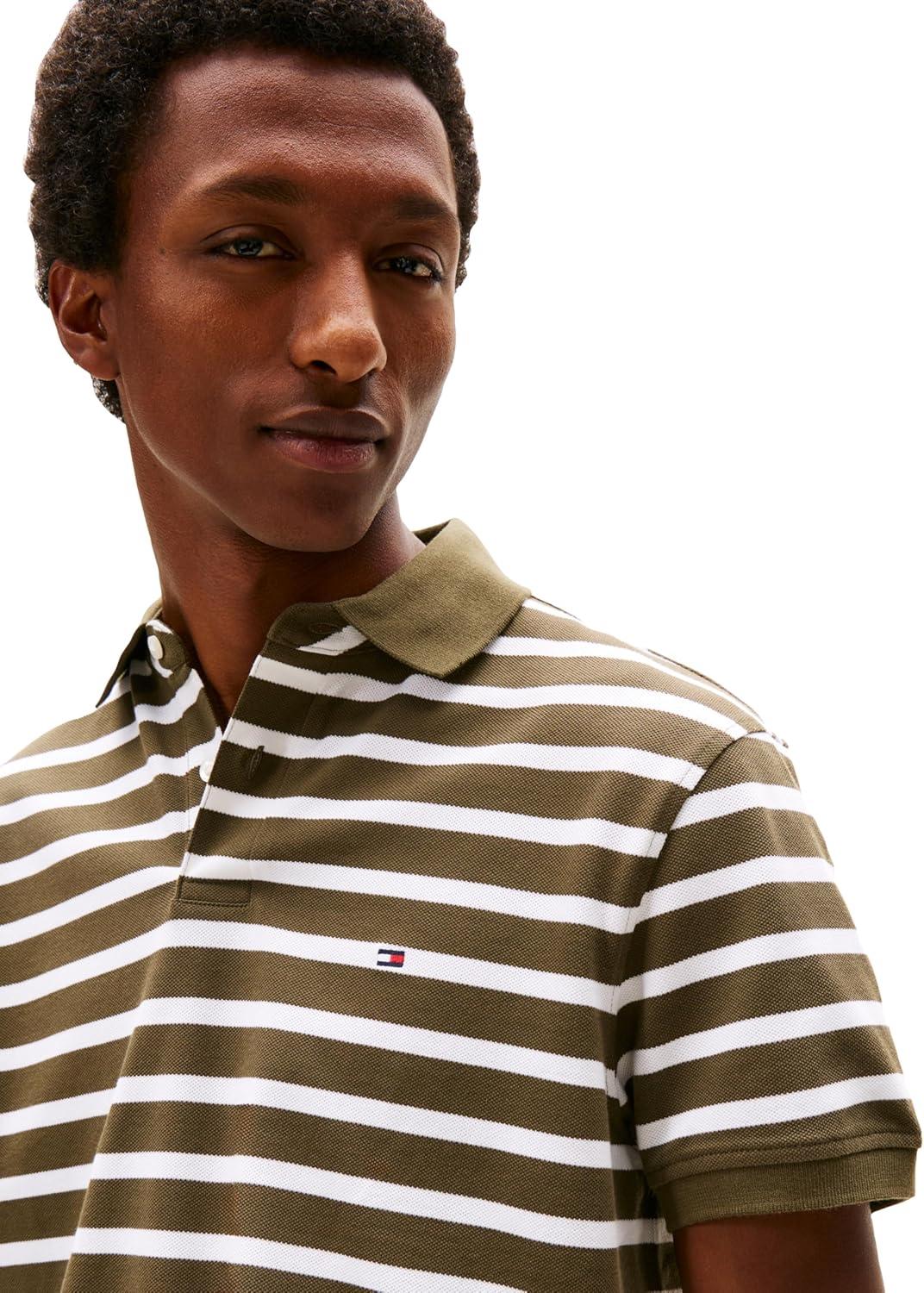 imageTommy Hilfiger Mens Short Sleeve Polo Shirts in Classic Fit with Stretch and Organic Pique CottonArmy Green White