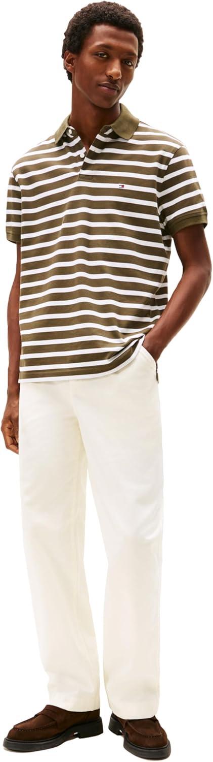 imageTommy Hilfiger Mens Short Sleeve Polo Shirts in Classic Fit with Stretch and Organic Pique CottonArmy Green White