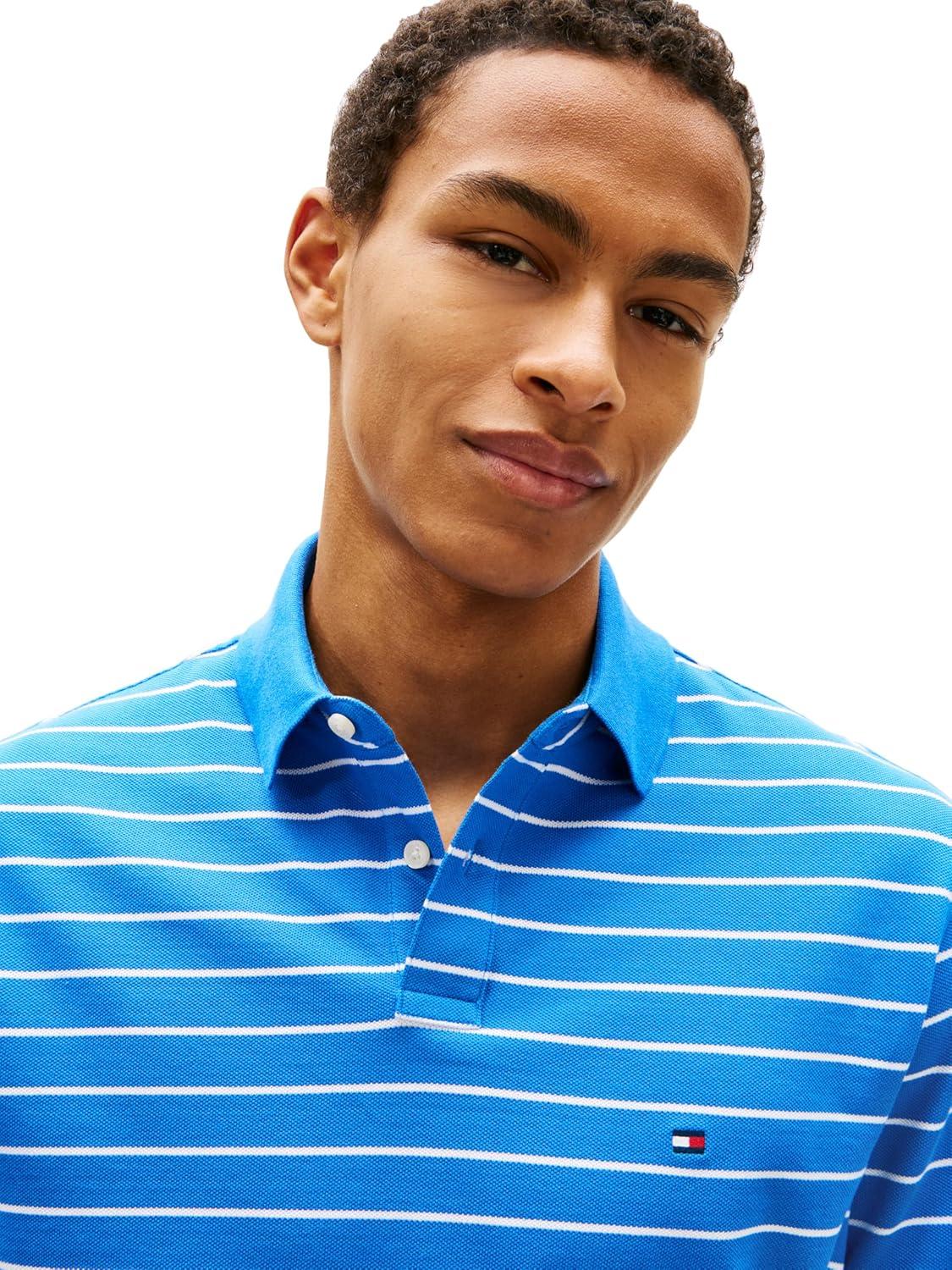 imageTommy Hilfiger Mens Short Sleeve Polo Shirts in Classic Fit with Stretch and Organic Pique CottonBlue Orbit White