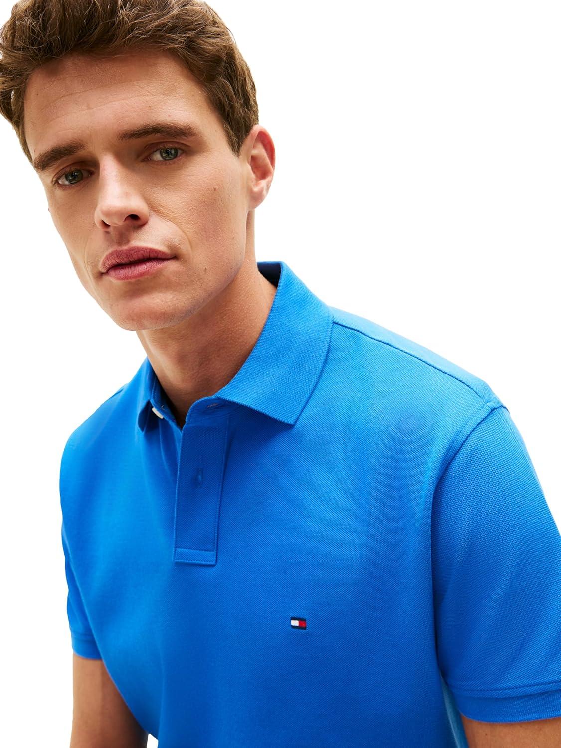 imageTommy Hilfiger Mens Short Sleeve Polo Shirts in Classic Fit with Stretch and Organic Pique CottonBlue Orbit