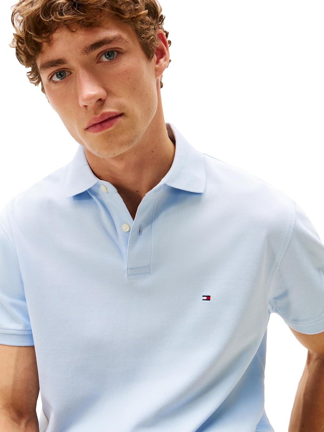 imageTommy Hilfiger Mens Short Sleeve Polo Shirts in Classic Fit with Stretch and Organic Pique CottonBreezy Blue