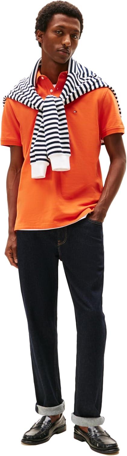 imageTommy Hilfiger Mens Short Sleeve Polo Shirts in Classic Fit with Stretch and Organic Pique CottonBrilliant Orange