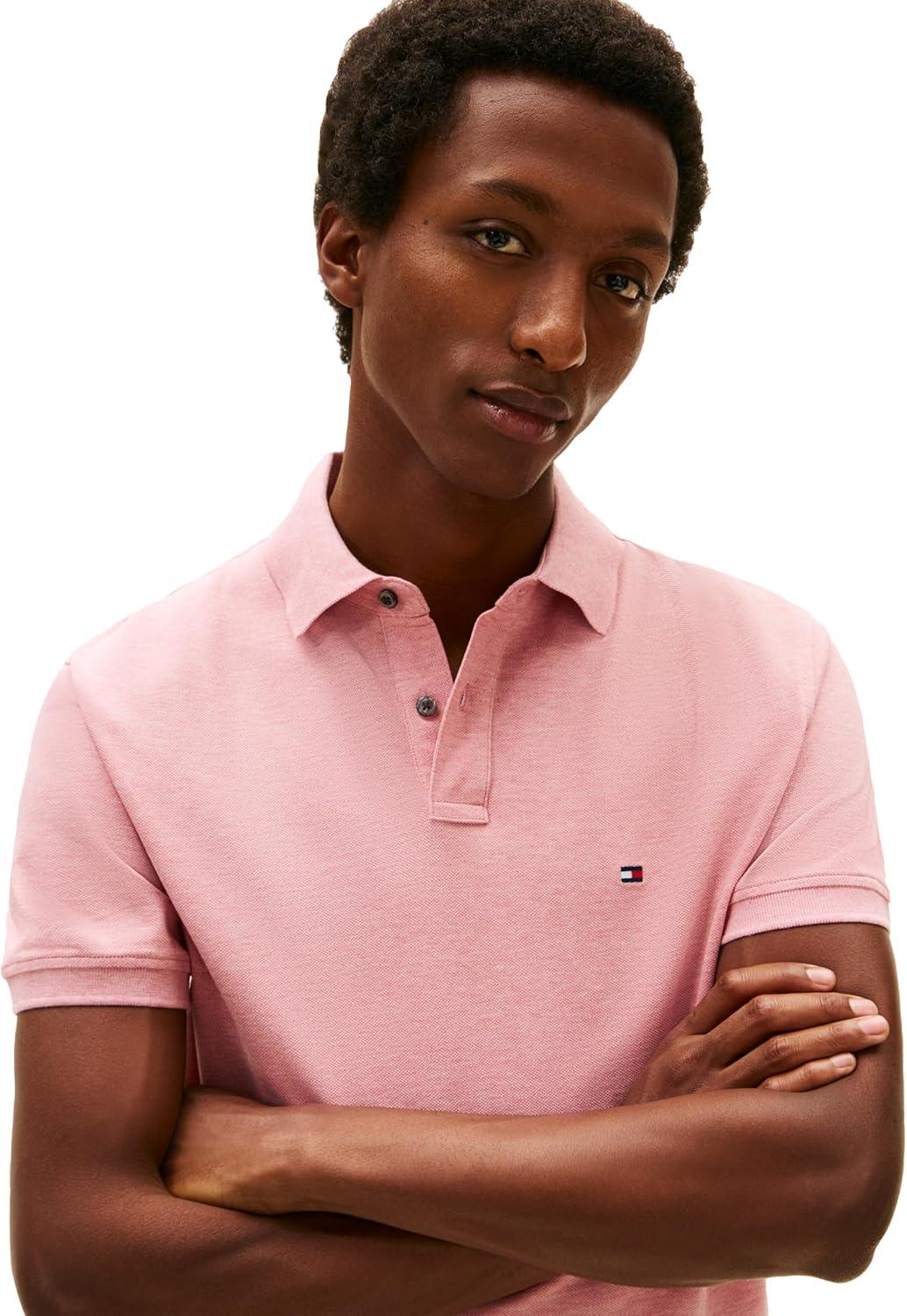 imageTommy Hilfiger Mens Short Sleeve Polo Shirts in Classic Fit with Stretch and Organic Pique CottonCamelia Blush Heather