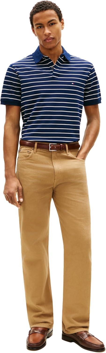 imageTommy Hilfiger Mens Short Sleeve Polo Shirts in Classic Fit with Stretch and Organic Pique CottonCarbon Navy Ivory Petal