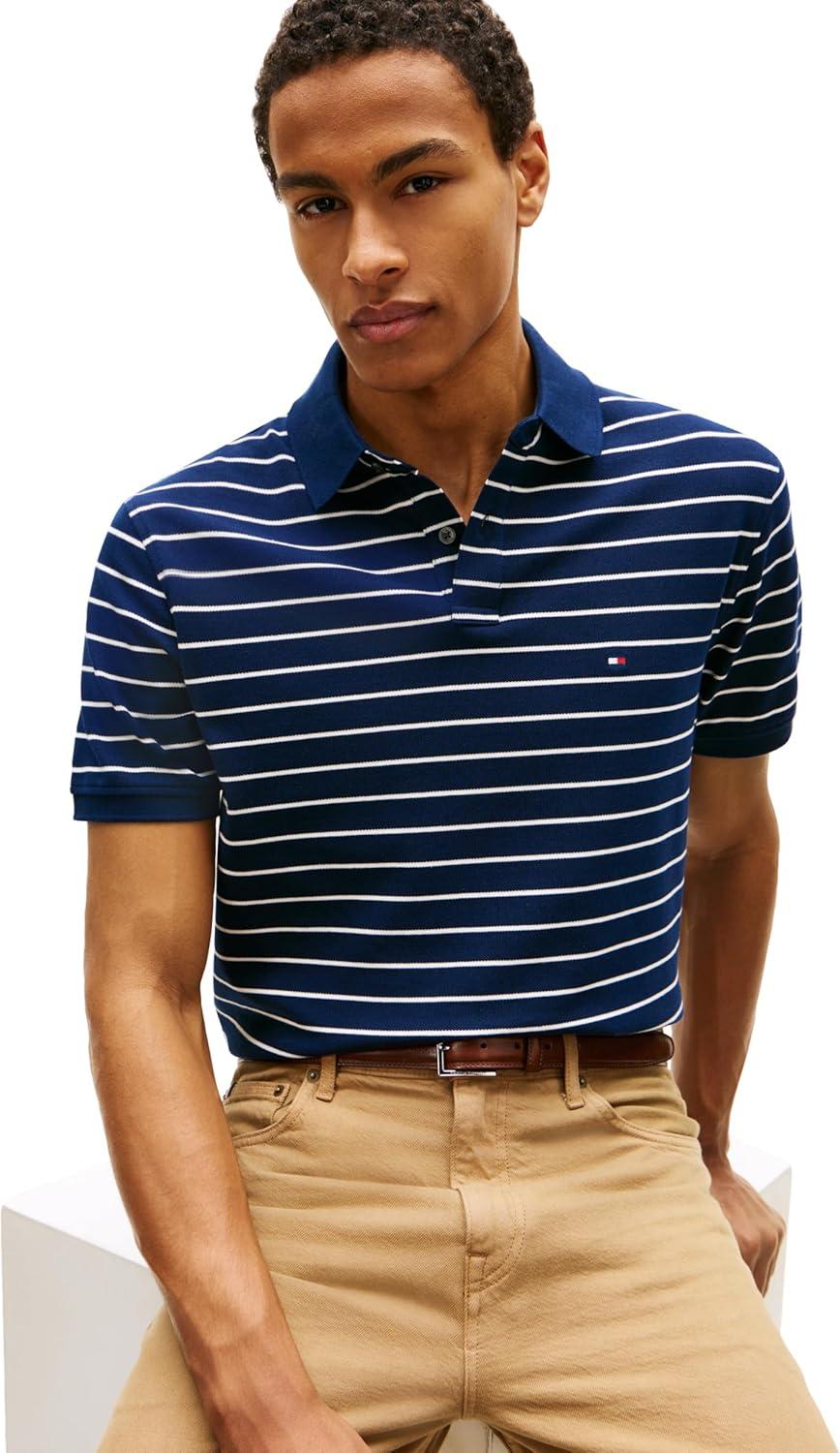 imageTommy Hilfiger Mens Short Sleeve Polo Shirts in Classic Fit with Stretch and Organic Pique CottonCarbon Navy Ivory Petal