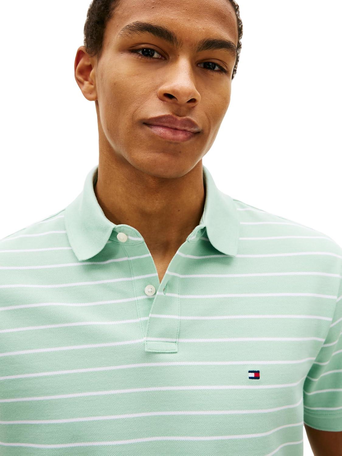 imageTommy Hilfiger Mens Short Sleeve Polo Shirts in Classic Fit with Stretch and Organic Pique CottonCrushed Mint White