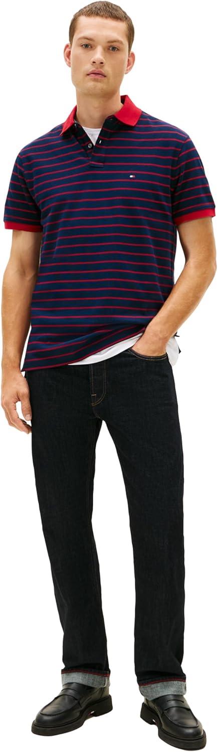imageTommy Hilfiger Mens Short Sleeve Polo Shirts in Classic Fit with Stretch and Organic Pique CottonDark Night Navy Medium Red