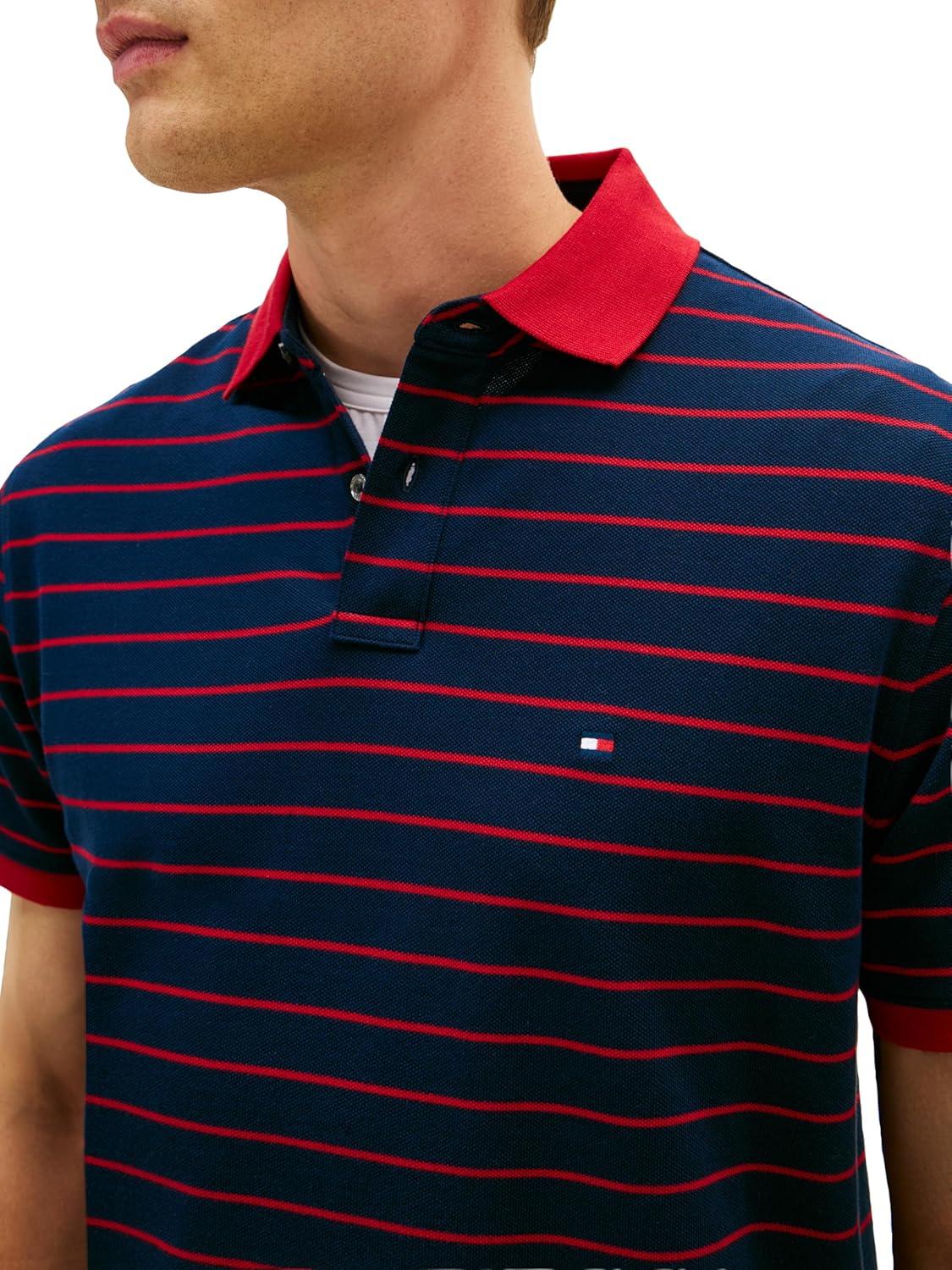 imageTommy Hilfiger Mens Short Sleeve Polo Shirts in Classic Fit with Stretch and Organic Pique CottonDark Night Navy Medium Red