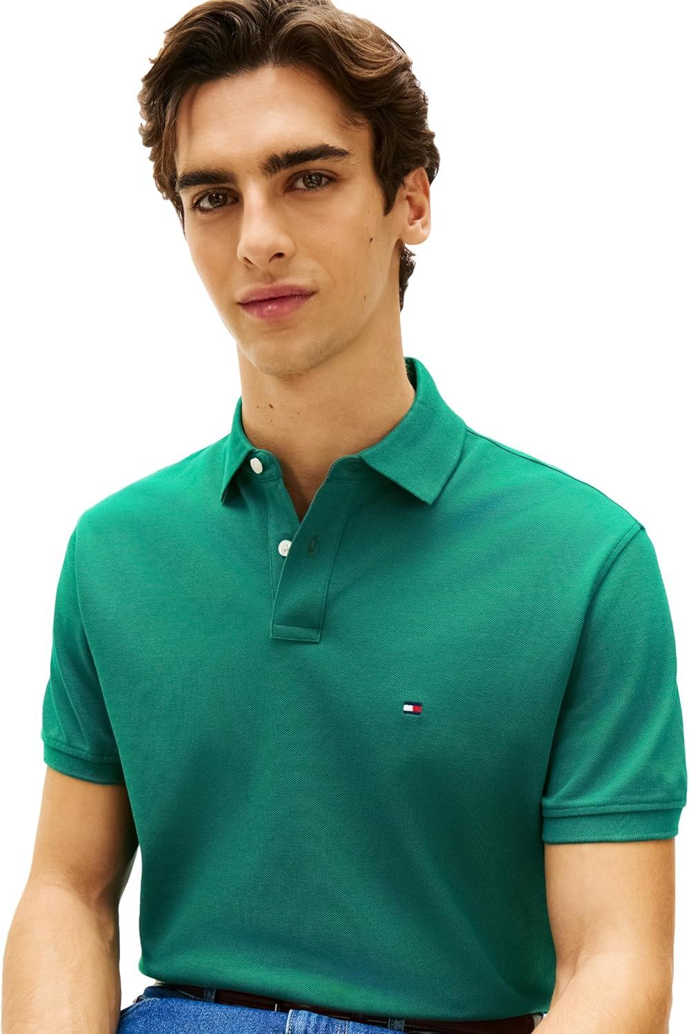 imageTommy Hilfiger Mens Short Sleeve Polo Shirts in Classic Fit with Stretch and Organic Pique CottonDeep Ocean