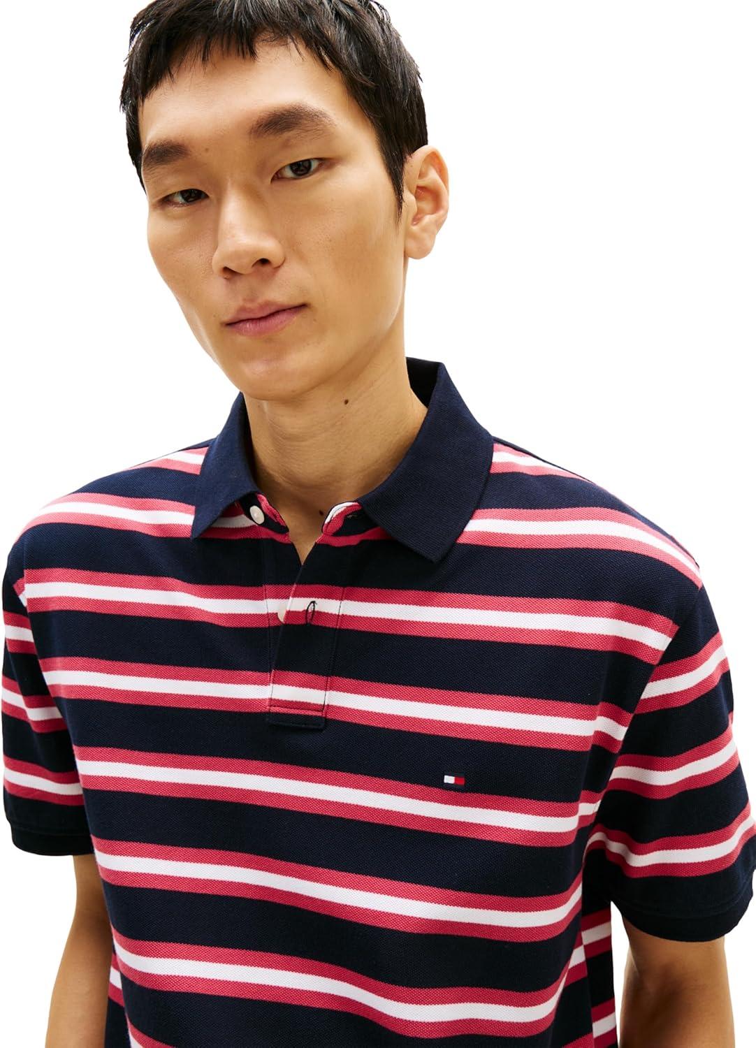 imageTommy Hilfiger Mens Short Sleeve Polo Shirts in Classic Fit with Stretch and Organic Pique CottonDesert Sky Heritage Pink Multi