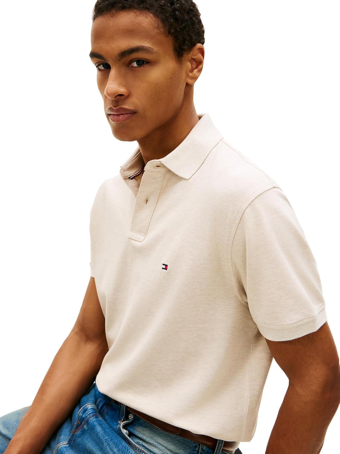 imageTommy Hilfiger Mens Short Sleeve Polo Shirts in Classic Fit with Stretch and Organic Pique CottonHeathered Oatmilk