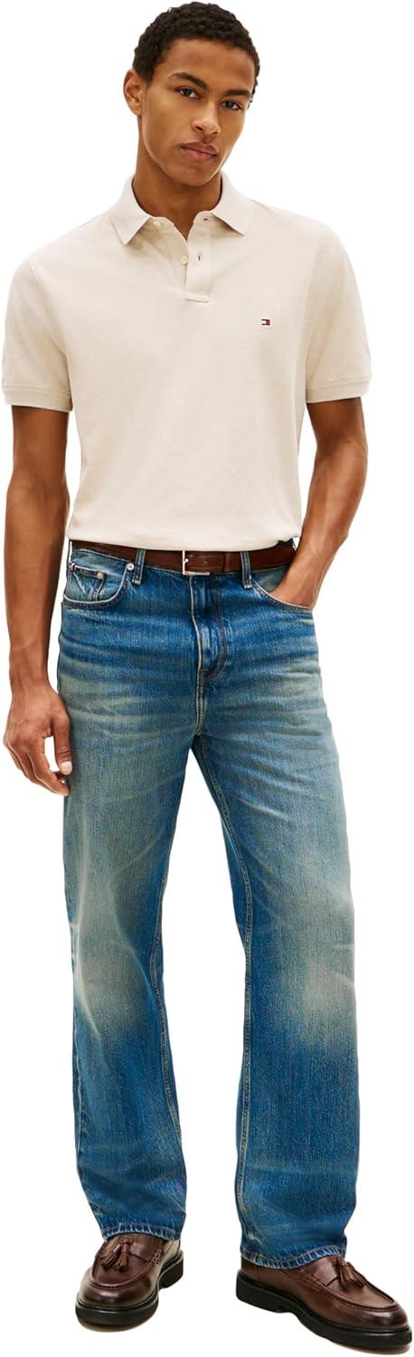 imageTommy Hilfiger Mens Short Sleeve Polo Shirts in Classic Fit with Stretch and Organic Pique CottonHeathered Oatmilk